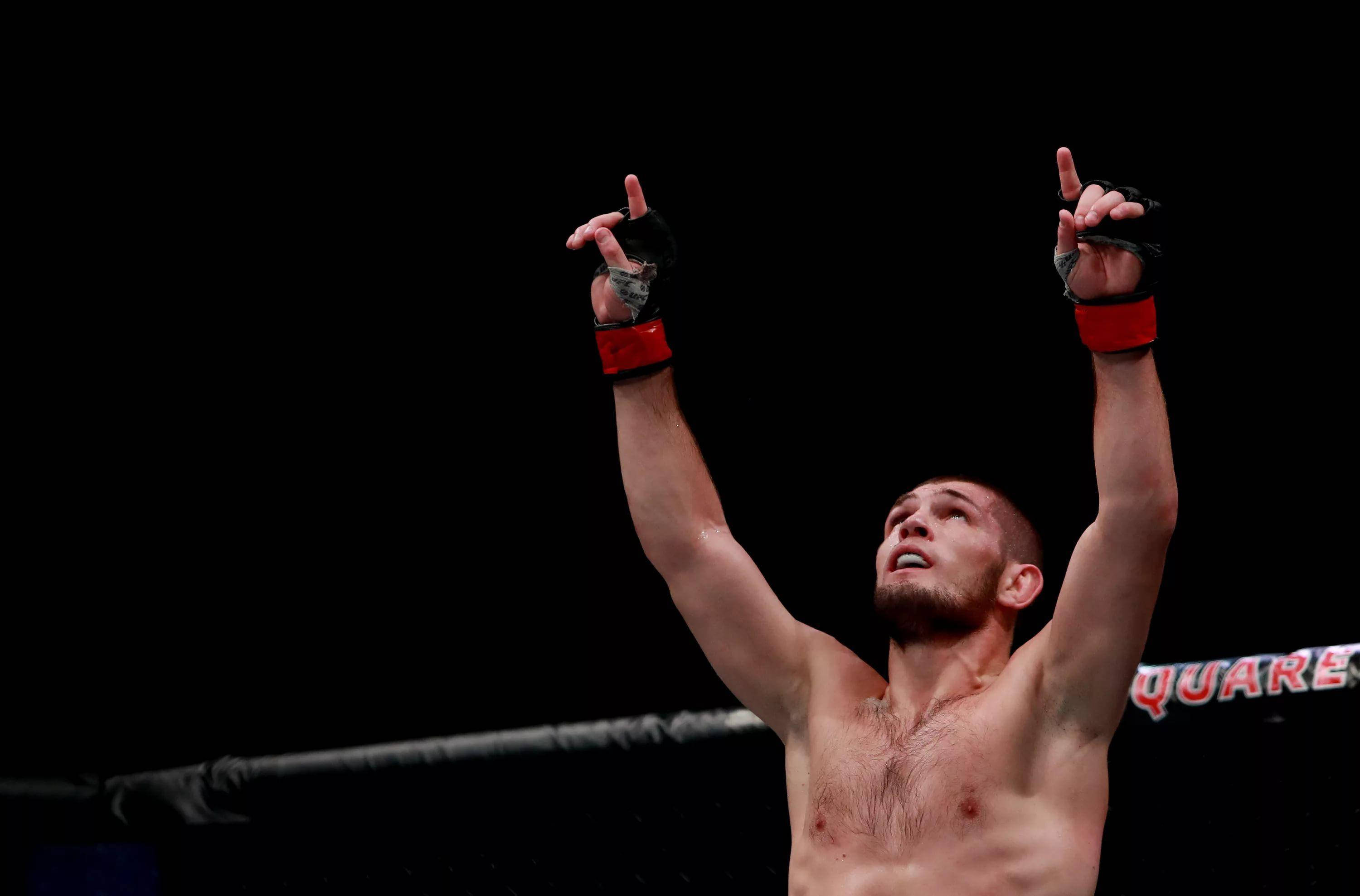 Khabib Nurmagomedov, octagon, black background, 2K Desktop Wallpaper