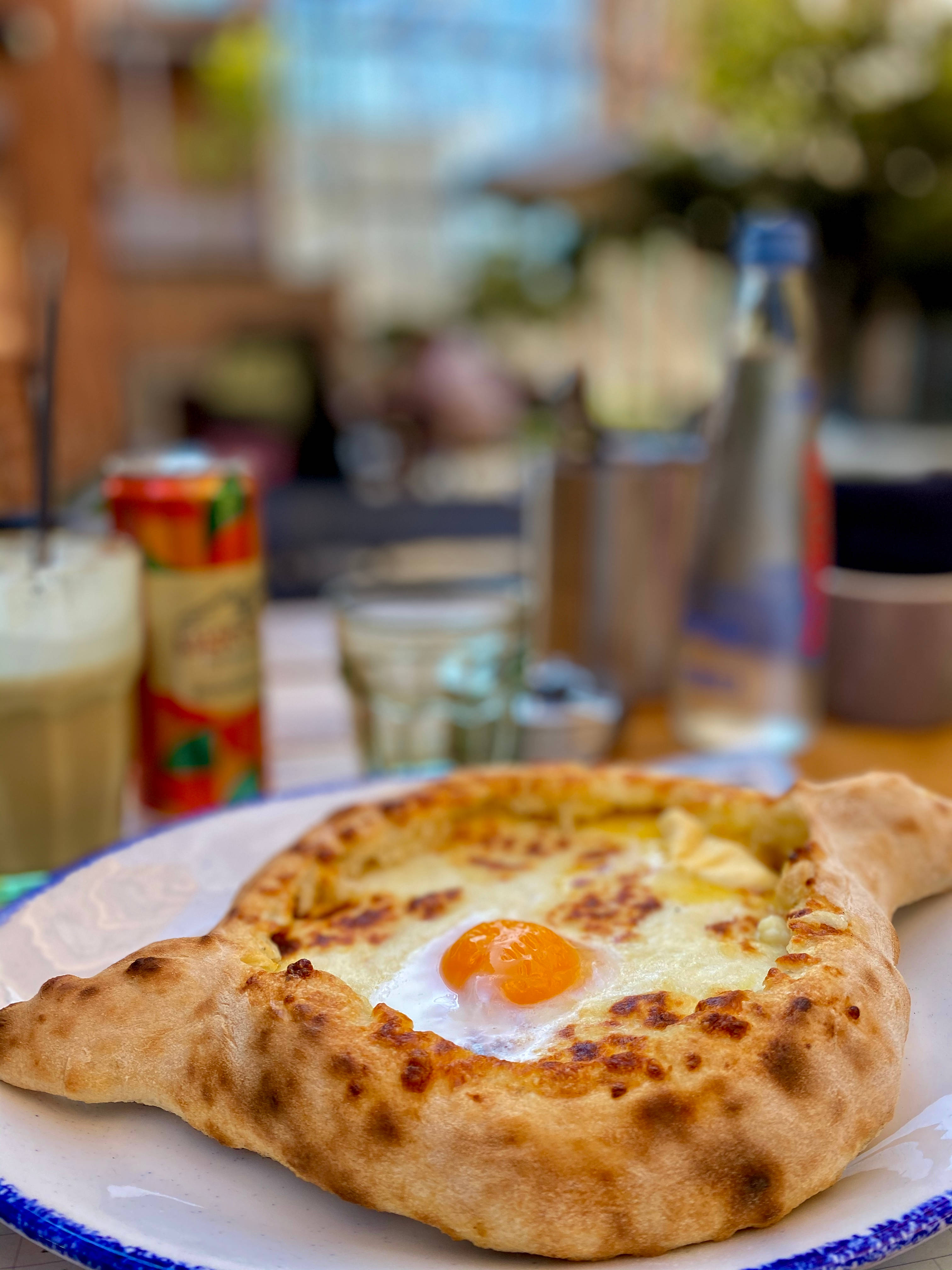 khachapuri, cheese-filled khachapuri, runny egg yolk, 4K Phone Wallpaper