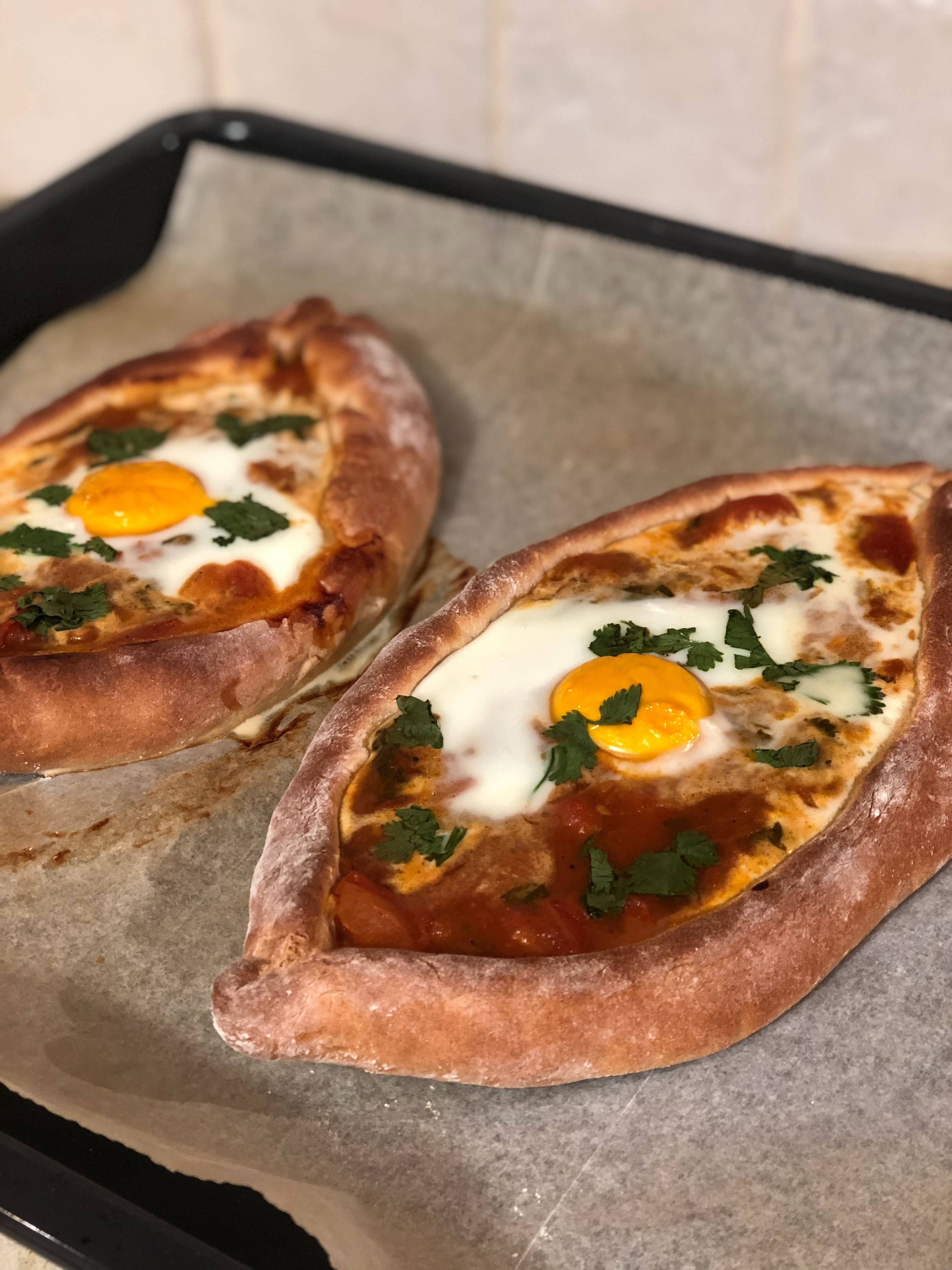 khachapuri, runny yolks, fresh herbs, 4K Phone Wallpaper