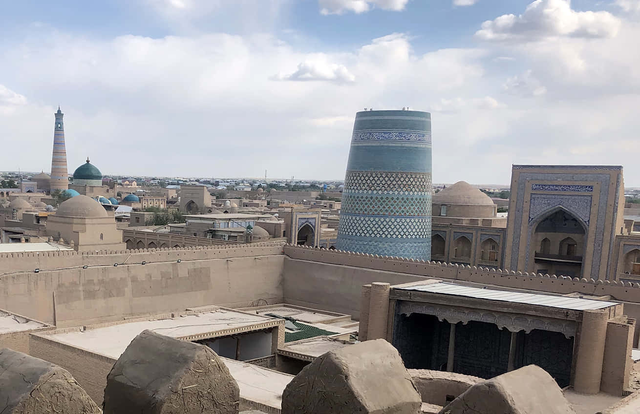 Khiva, turquoise tiled minarets, domed mosques, HD Desktop Wallpaper