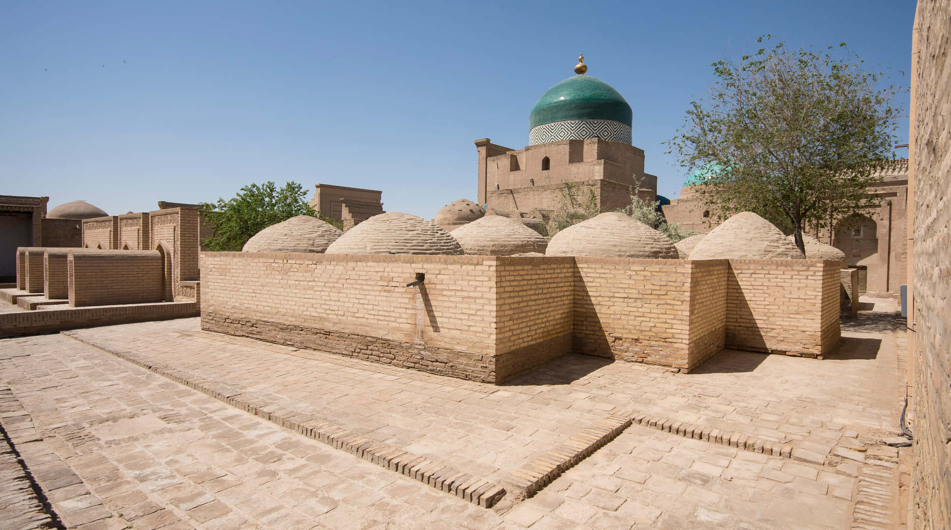 Khiva, green tiled dome, brick walls, Full HD Desktop Wallpaper