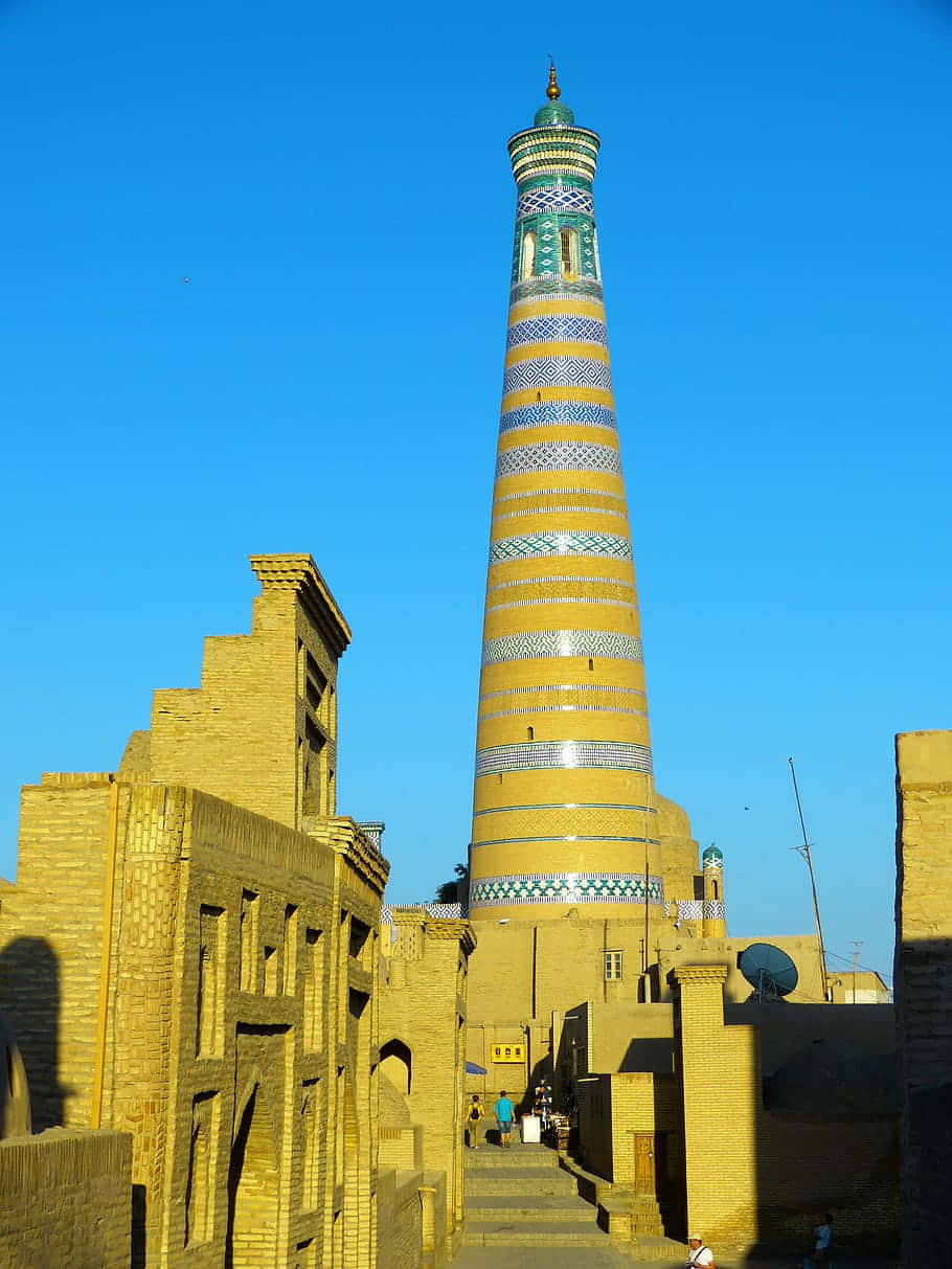 Khiva, minaret, ornately tiled, SD Phone Wallpaper