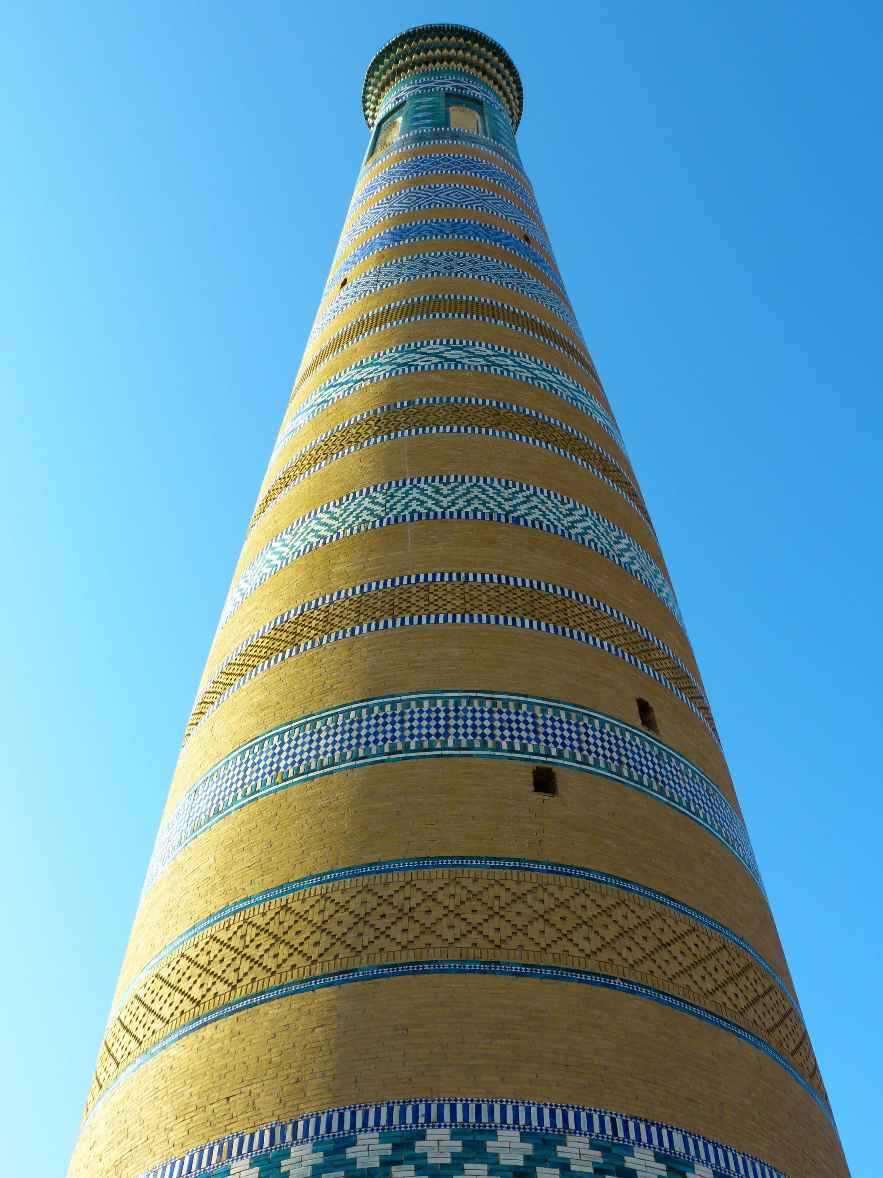 Khiva, minaret, blue and gold tilework, 4K Phone Wallpaper