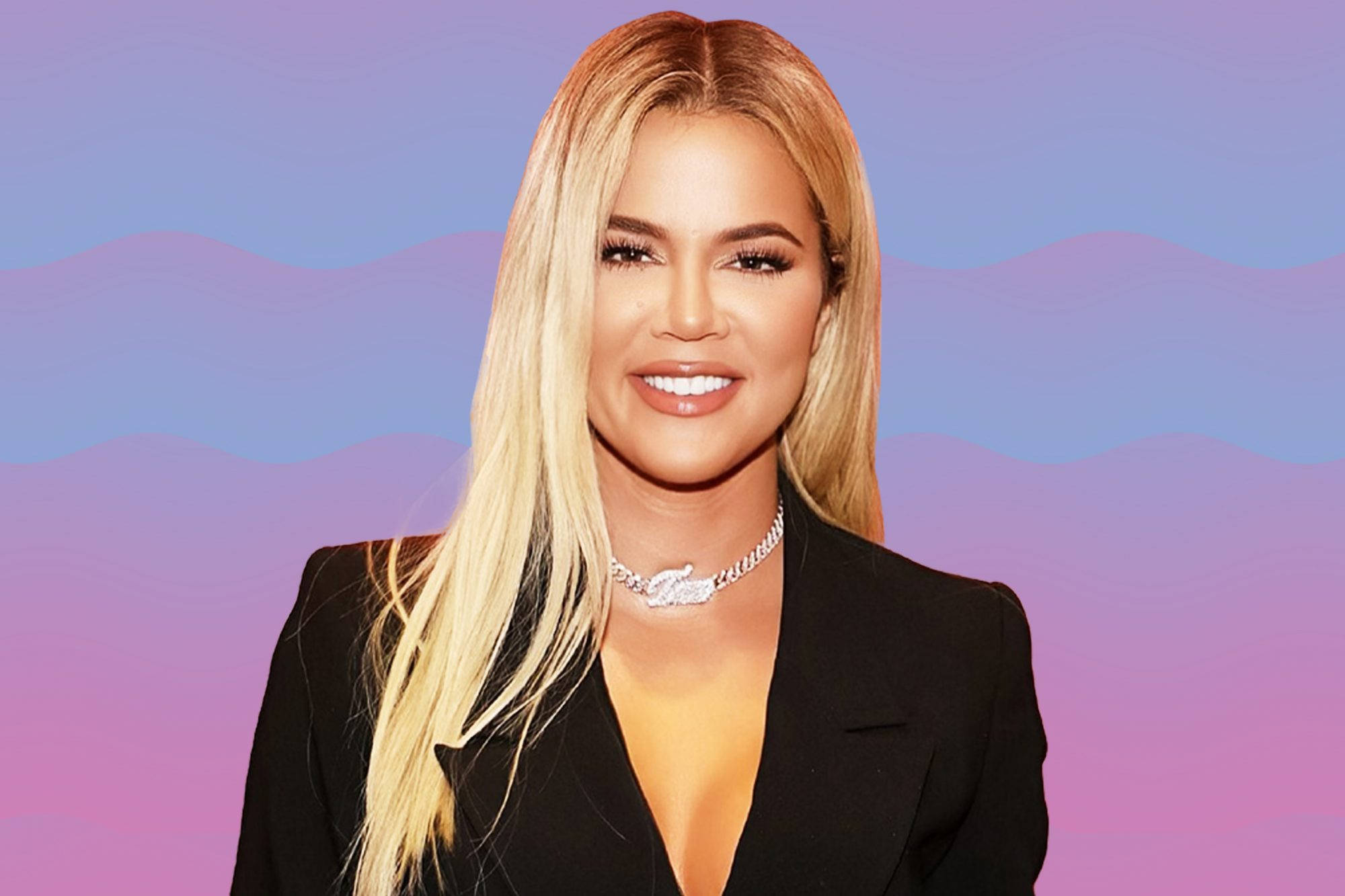 Khloe Kardashian, black blazer, purple and blue gradient background, Full HD Desktop Wallpaper