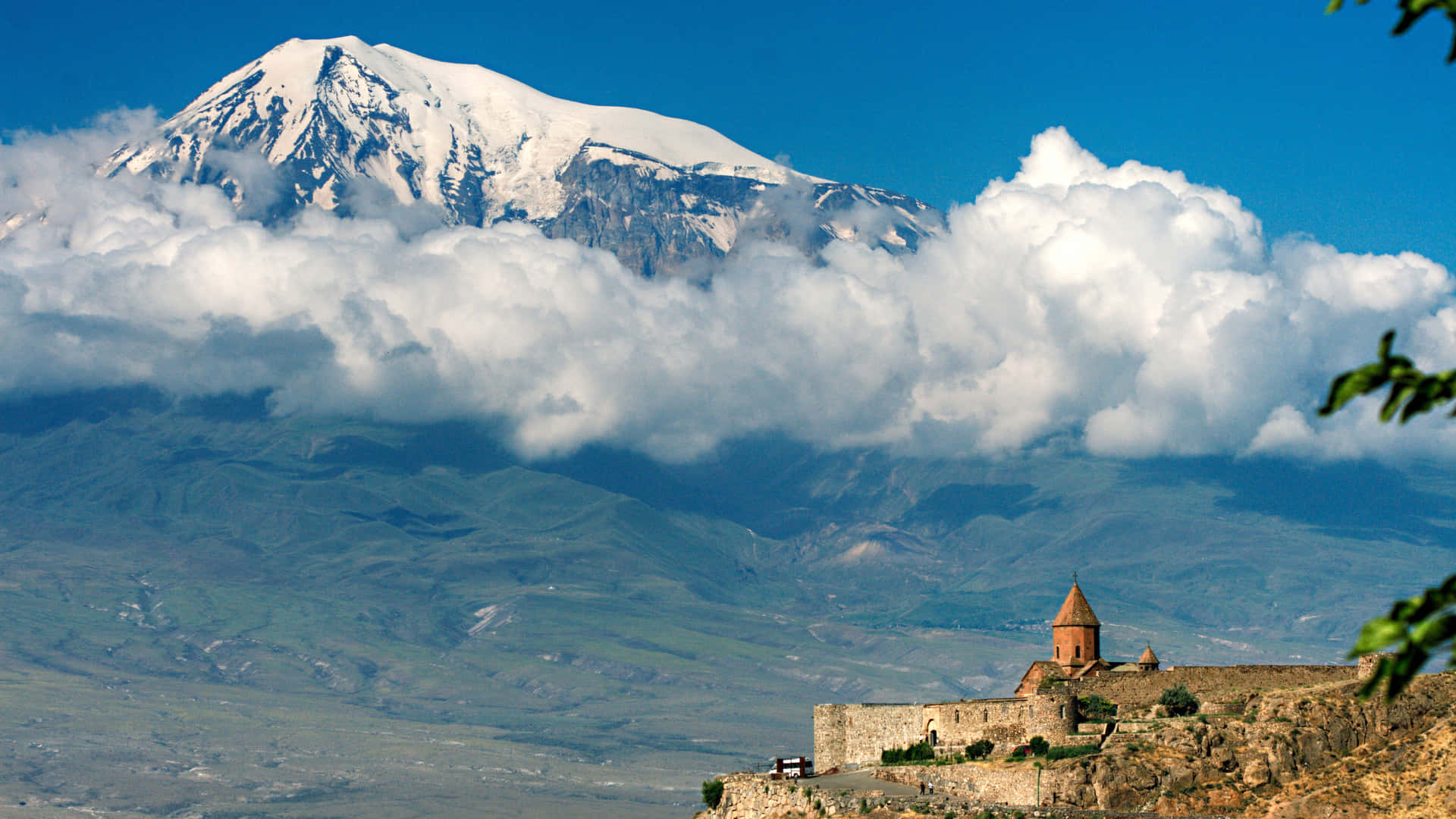 Khor Virap, cloudy volcano, snow-capped mountain, Full HD Desktop Wallpaper