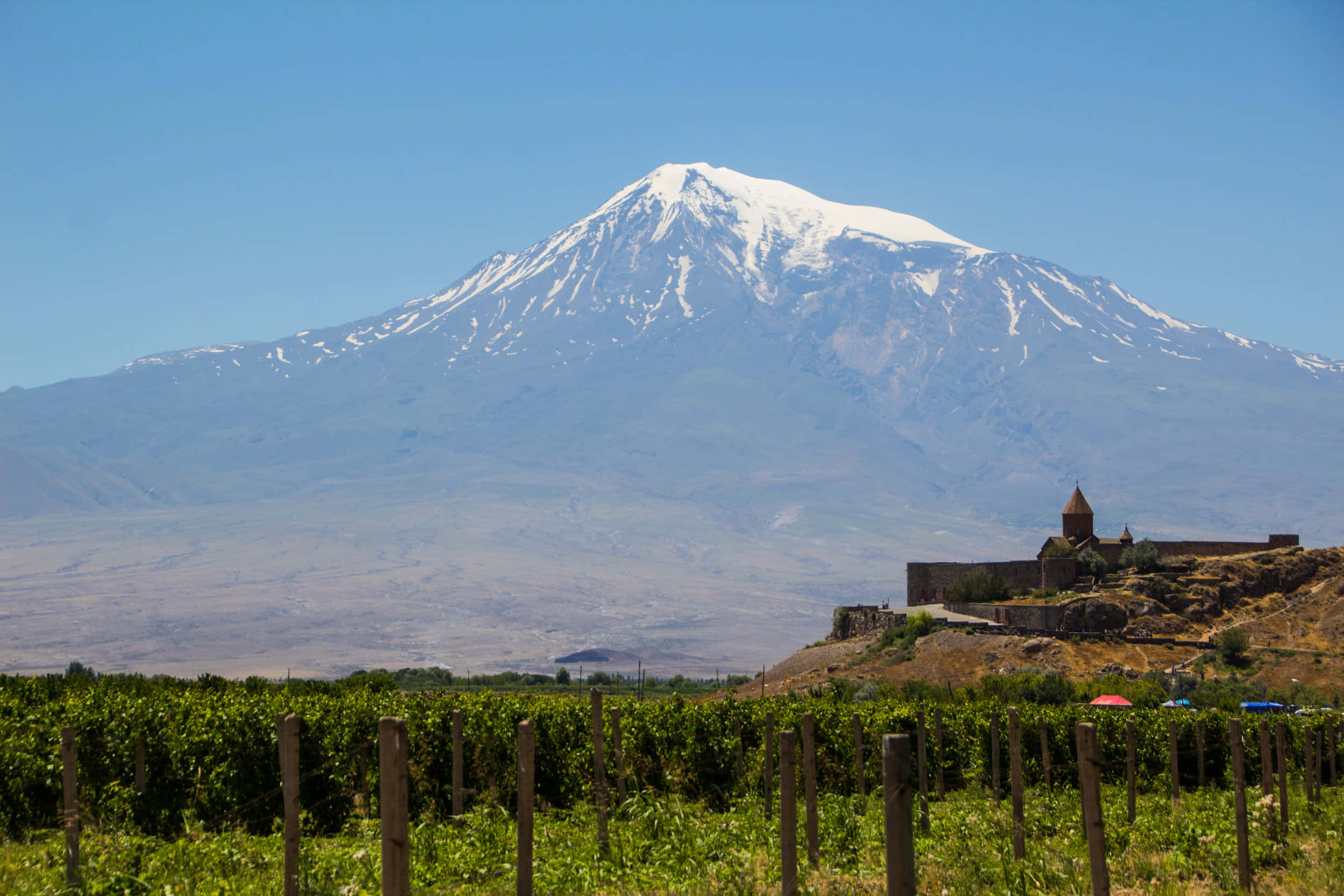 Khor Virap, snow-capped mountain, vineyard, Full HD Desktop Wallpaper