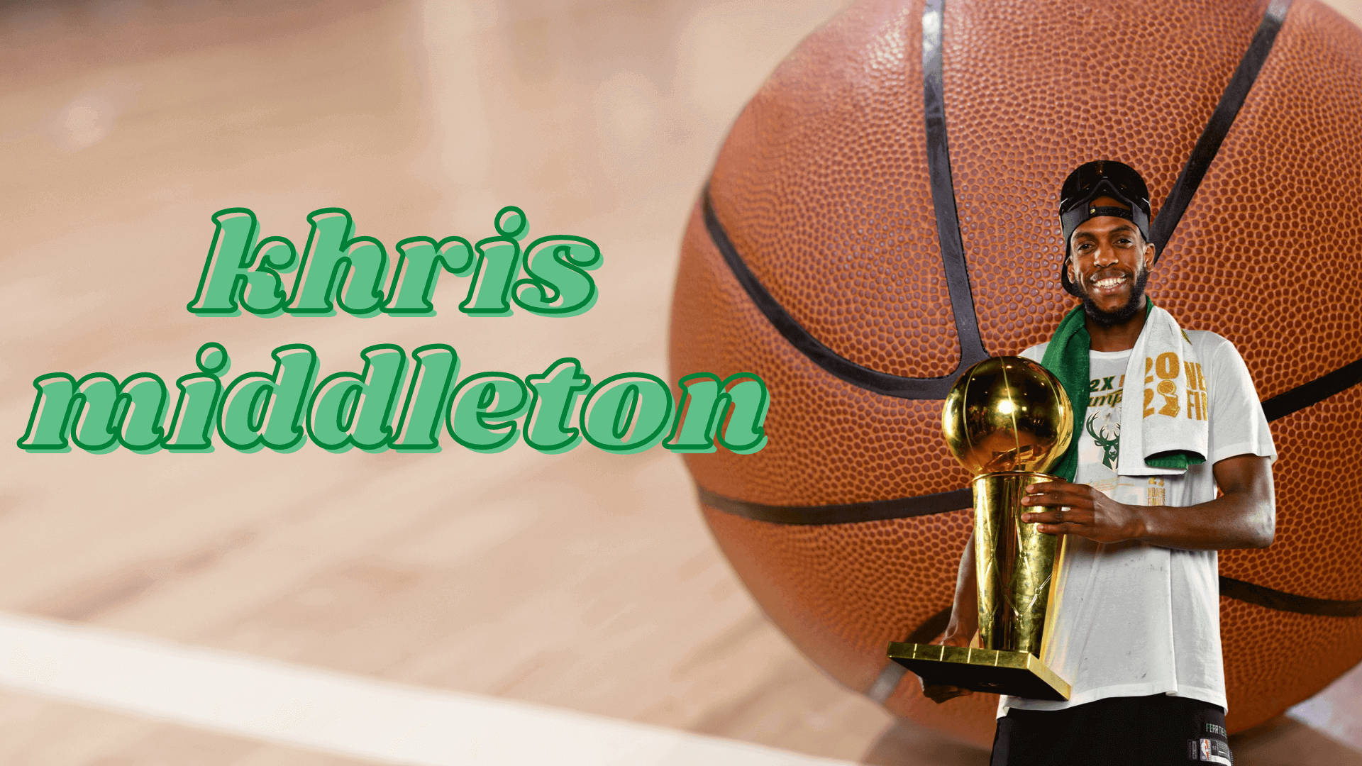 Khris Middleton, golden NBA championship trophy, giant basketball, Full HD Desktop Wallpaper