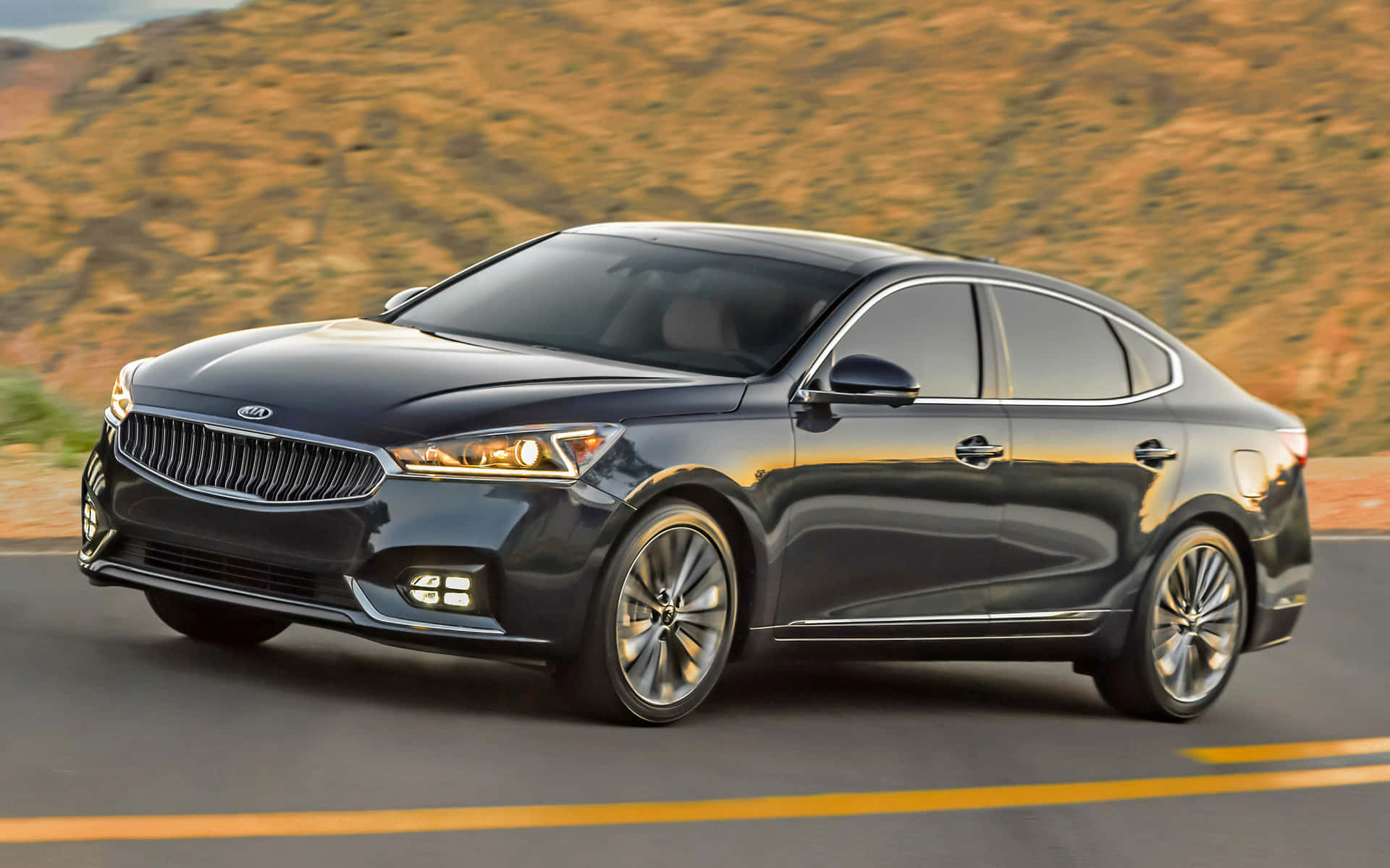 Kia Cadenza, black, desert highway, Full HD Desktop Wallpaper