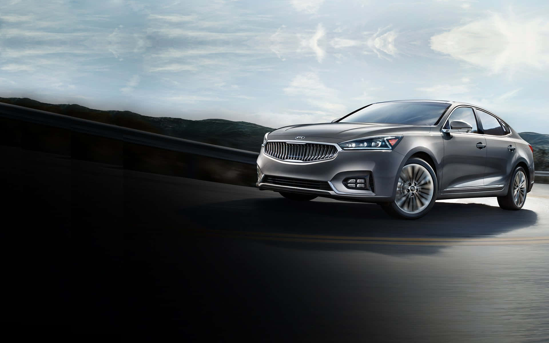Kia Cadenza, sleek silver sedan, winding mountain road, Full HD Desktop Wallpaper