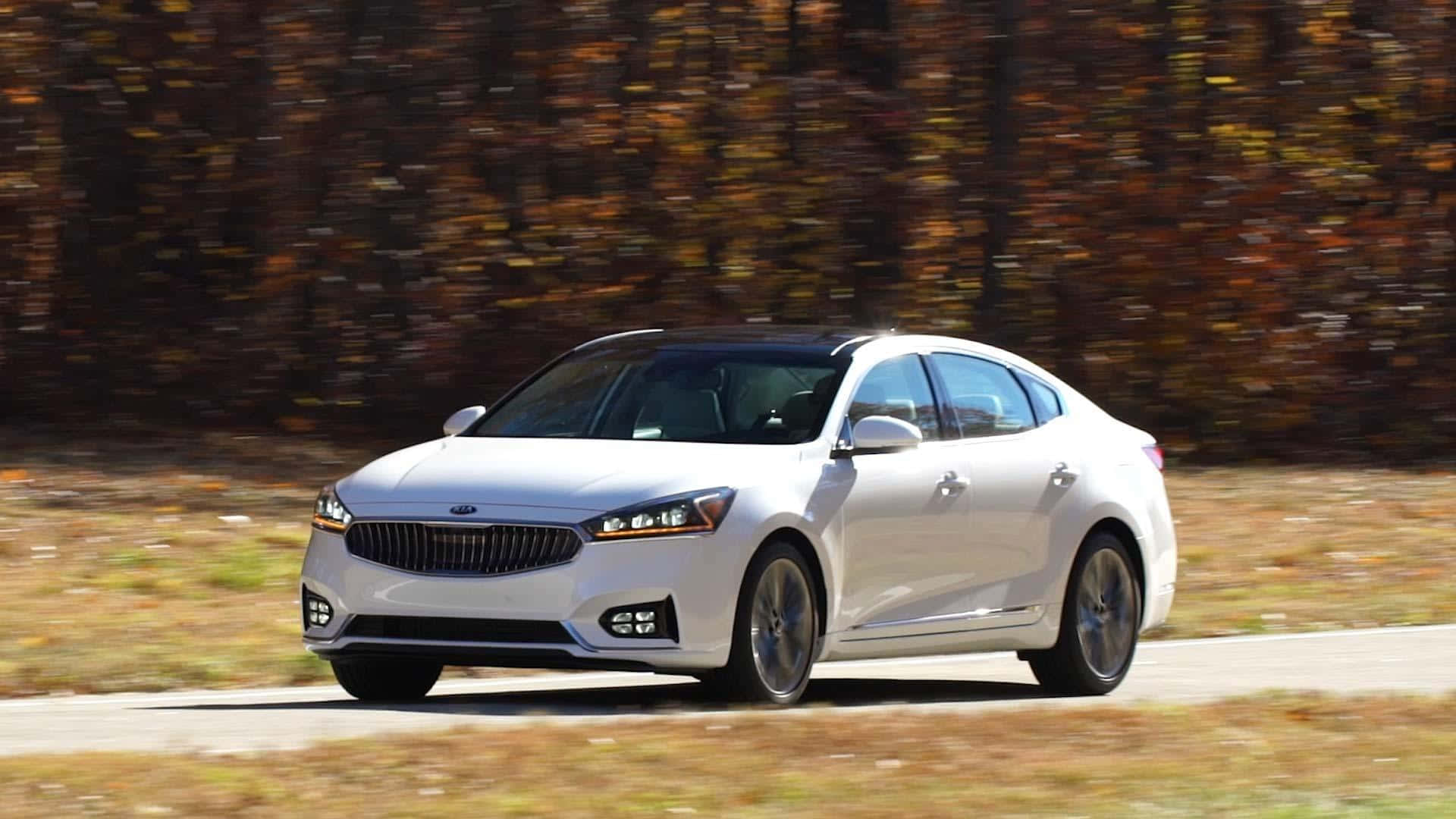 Kia Cadenza, white, autumn foliage, Full HD Desktop Wallpaper