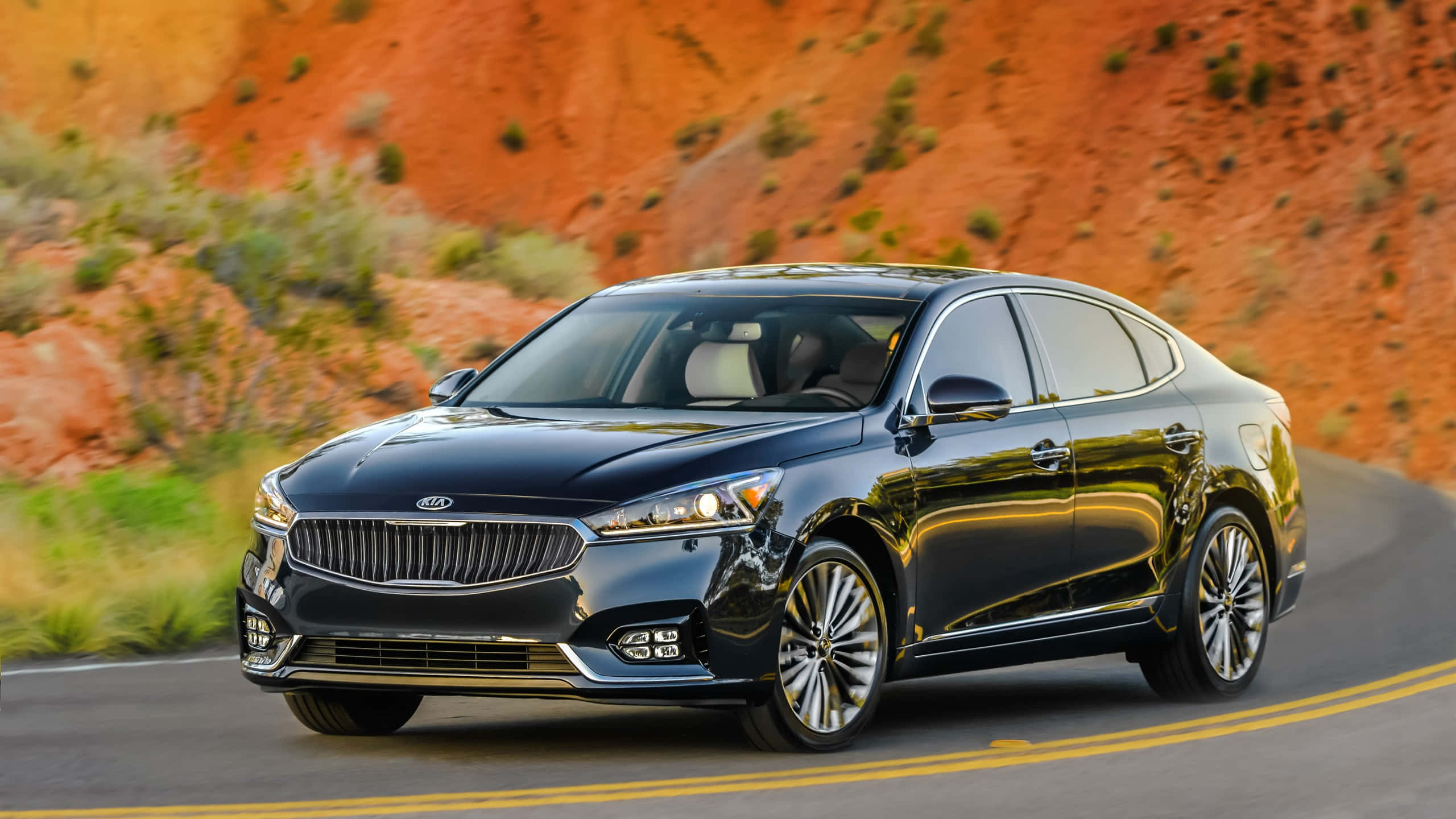 Kia Cadenza, black, winding road, 2K Desktop Wallpaper