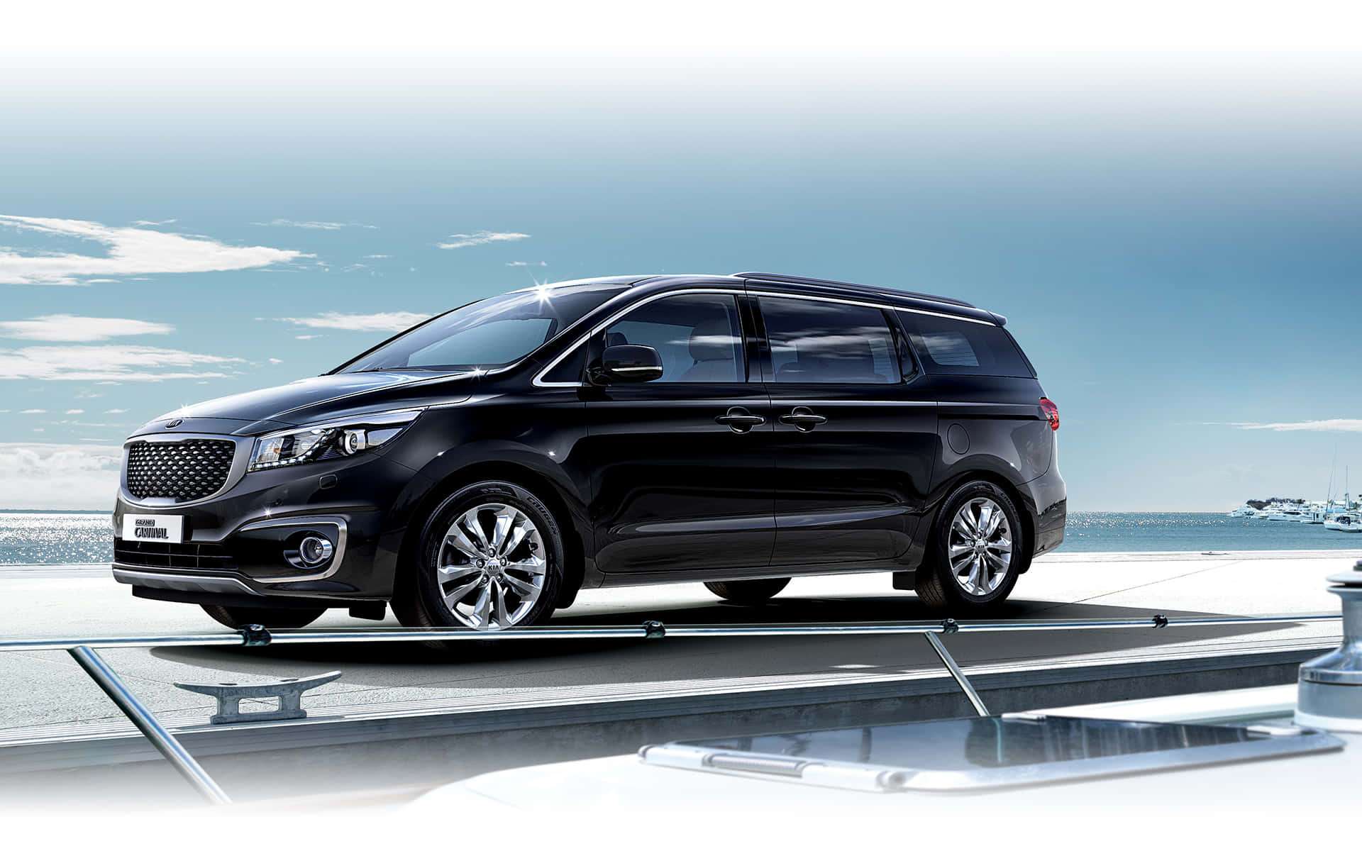Kia Carnival, sleek black minivan, modern yacht deck, Full HD Desktop Wallpaper
