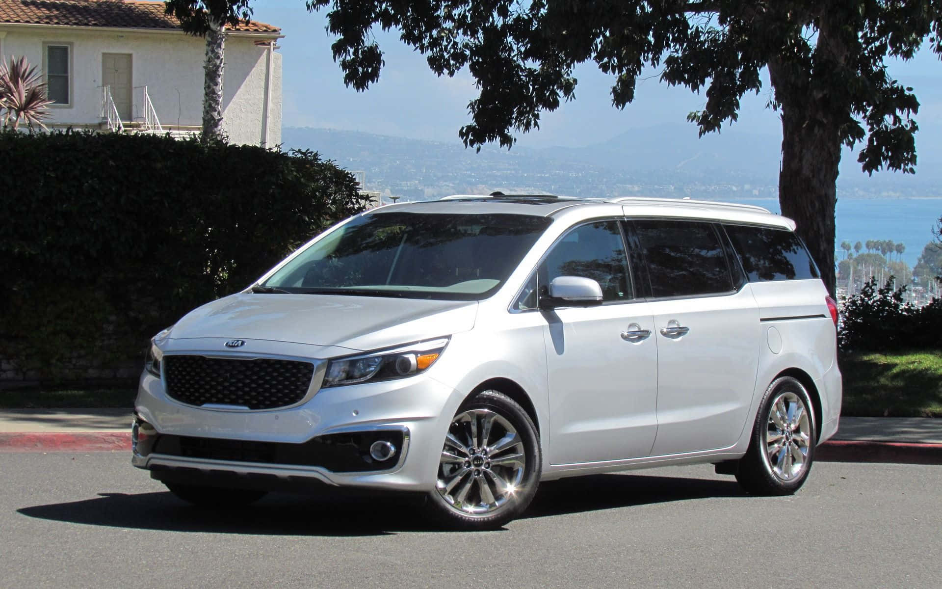 Kia Carnival, sleek silver, sunny street, Full HD Desktop Wallpaper