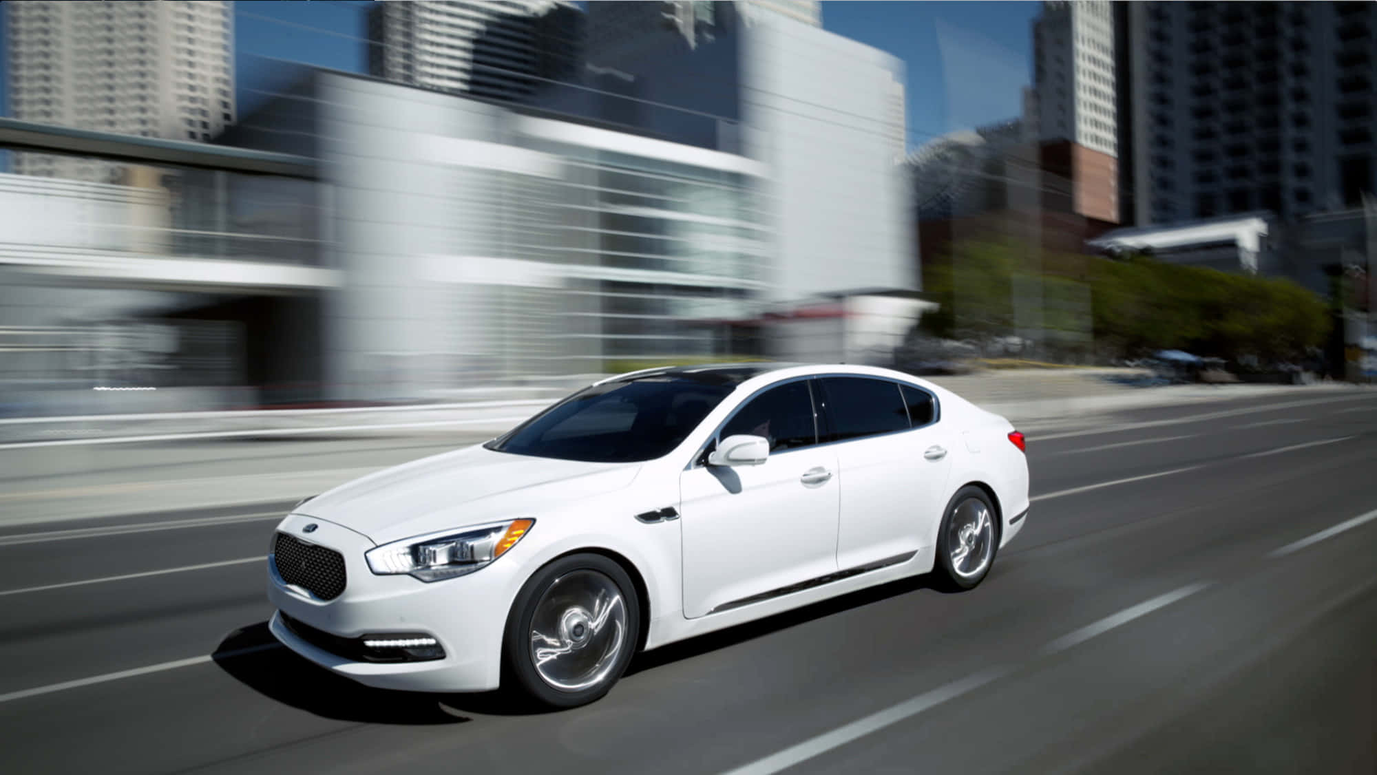 Kia K900, white sedan, city street, Full HD Desktop Wallpaper
