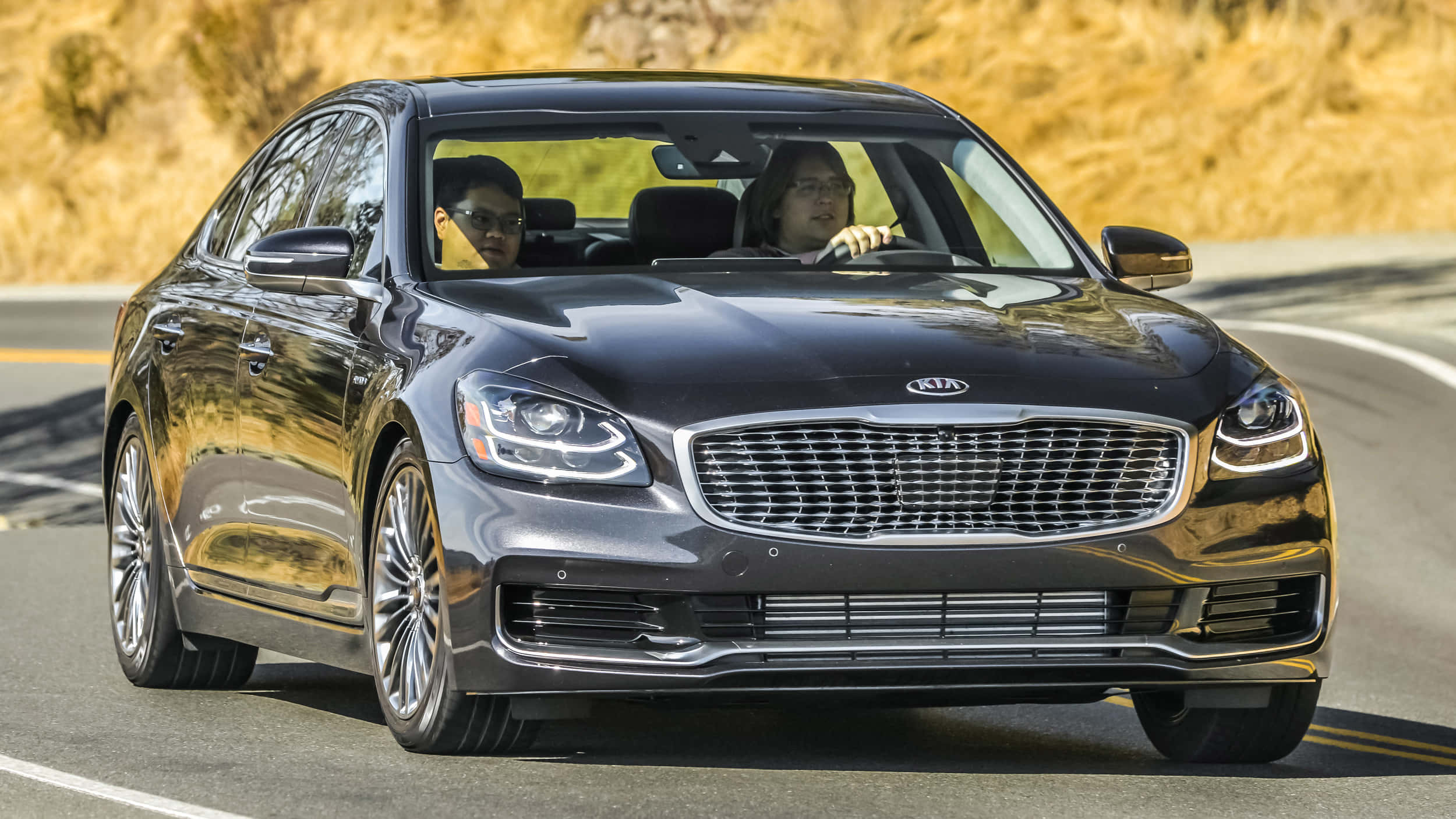 Kia K900, sleek black, sunlit winding road, Full HD Desktop Wallpaper