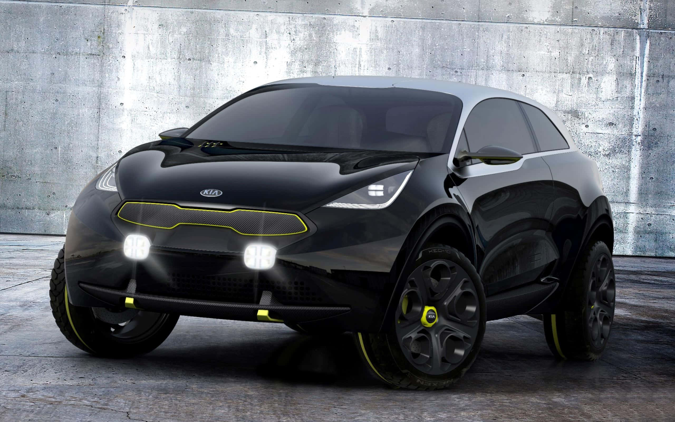 Kia Niro, sleek black, glowing yellow accents, 2K Desktop Wallpaper