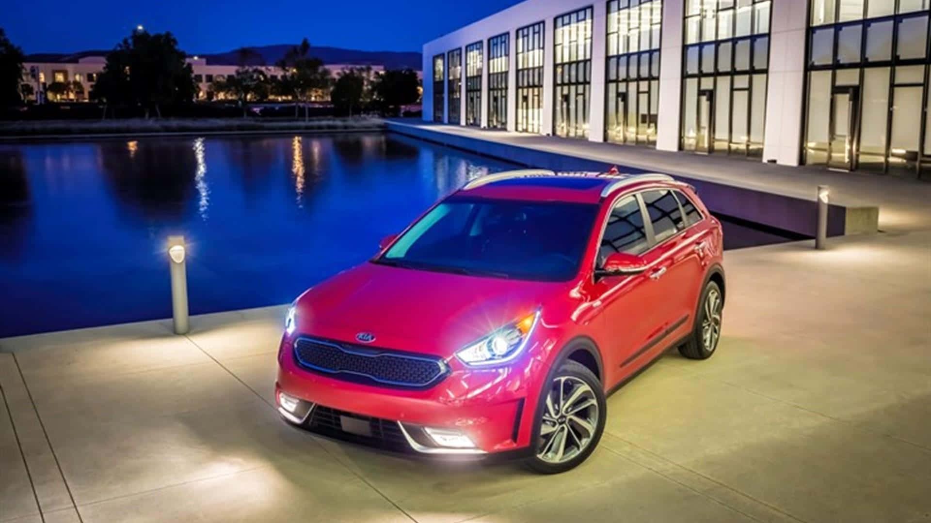 Kia Niro, vibrant red, twilight lights, Full HD Desktop Wallpaper