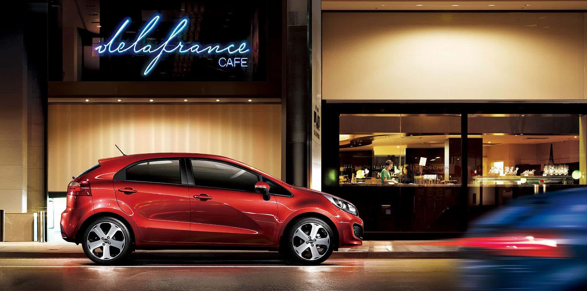 Kia Rio, glossy red hatchback, night, Full HD Desktop Wallpaper