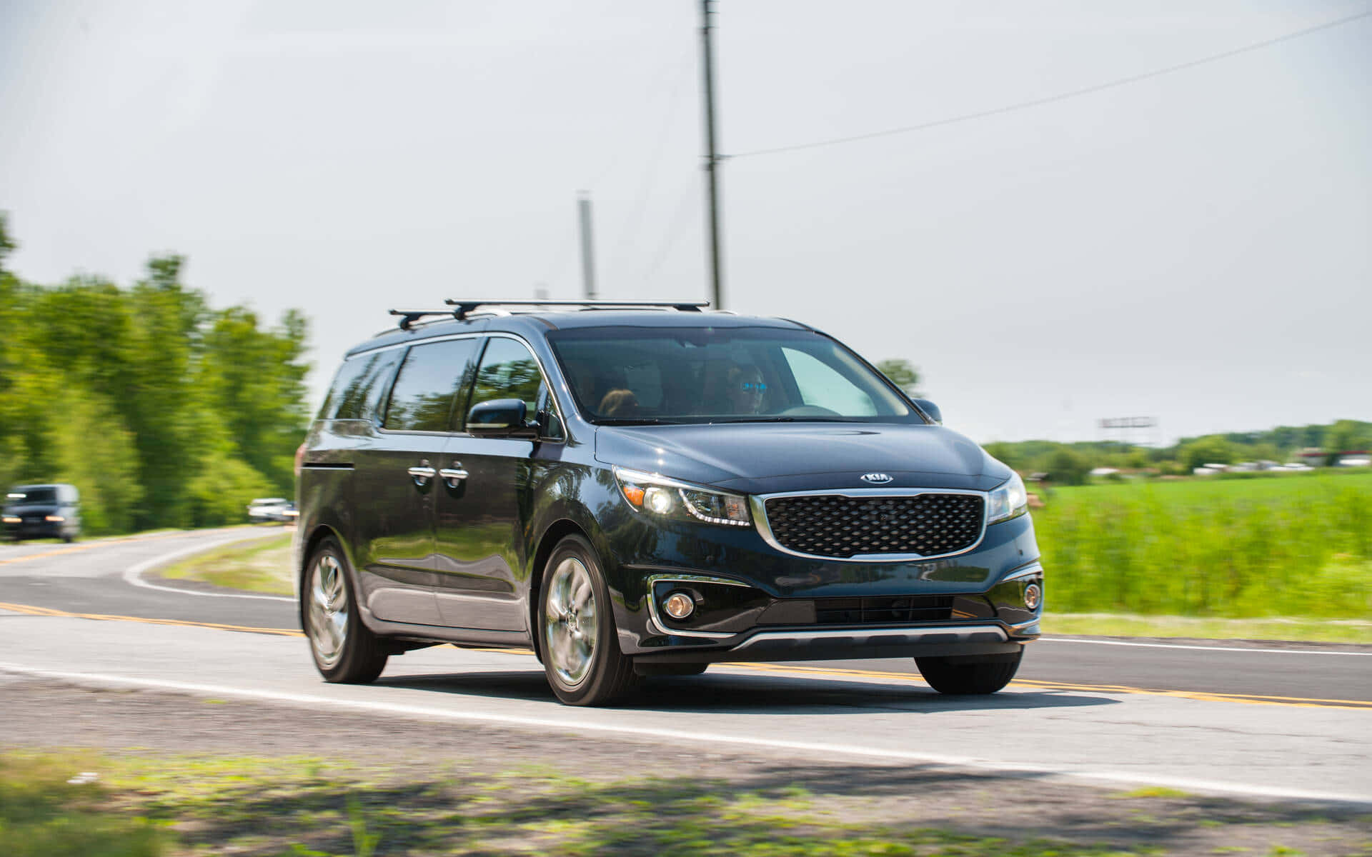 Kia Sedona, black, sunlit rural road, Full HD Desktop Wallpaper