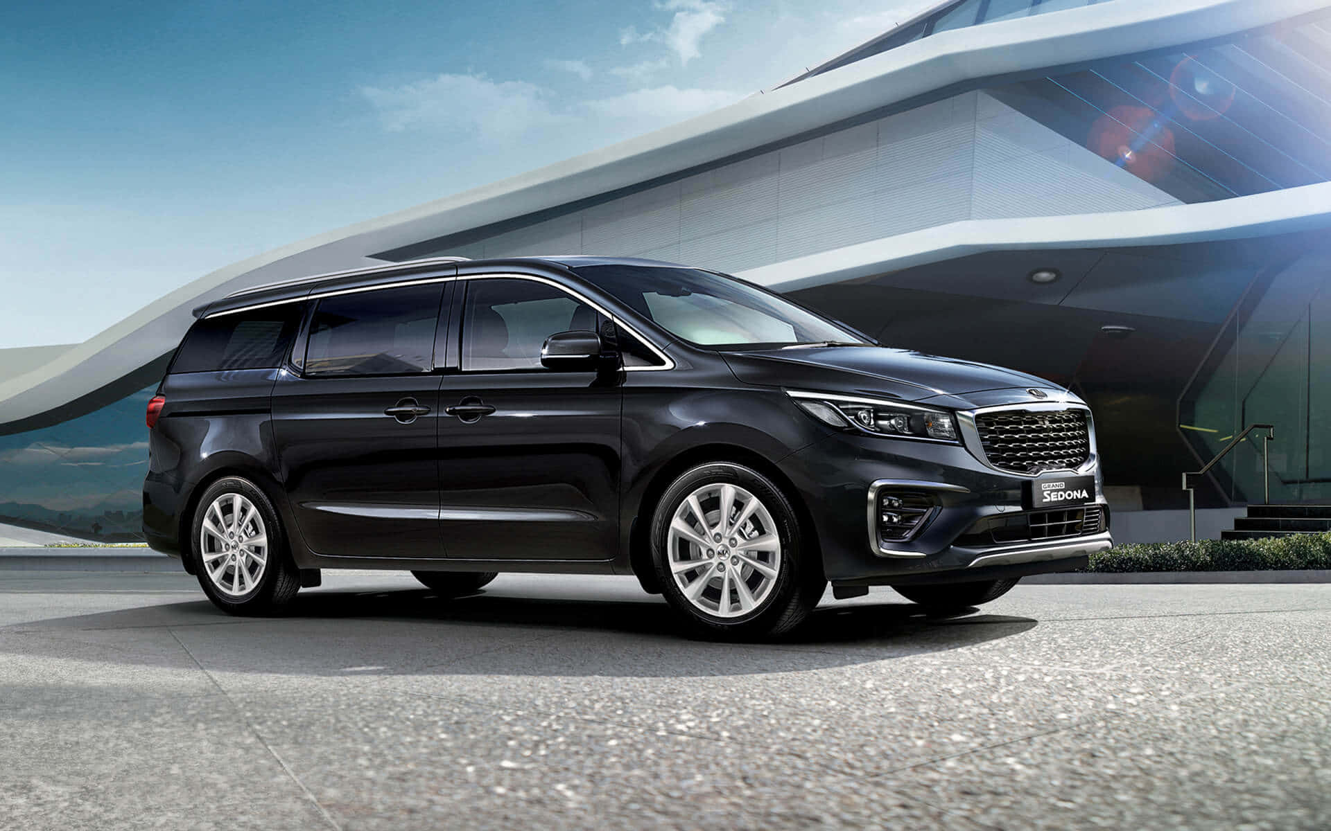 Kia Sedona, black, modern glass building, Full HD Desktop Wallpaper