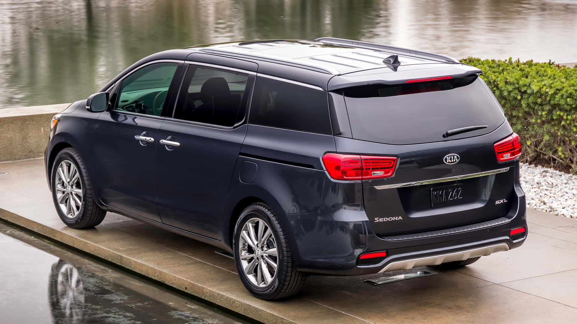 Kia Sedona, dark blue, waterway, Full HD Desktop Wallpaper