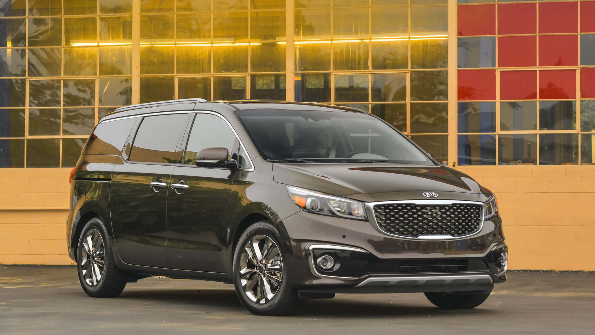 Kia Sedona, dark brown, modern building, Full HD Desktop Wallpaper