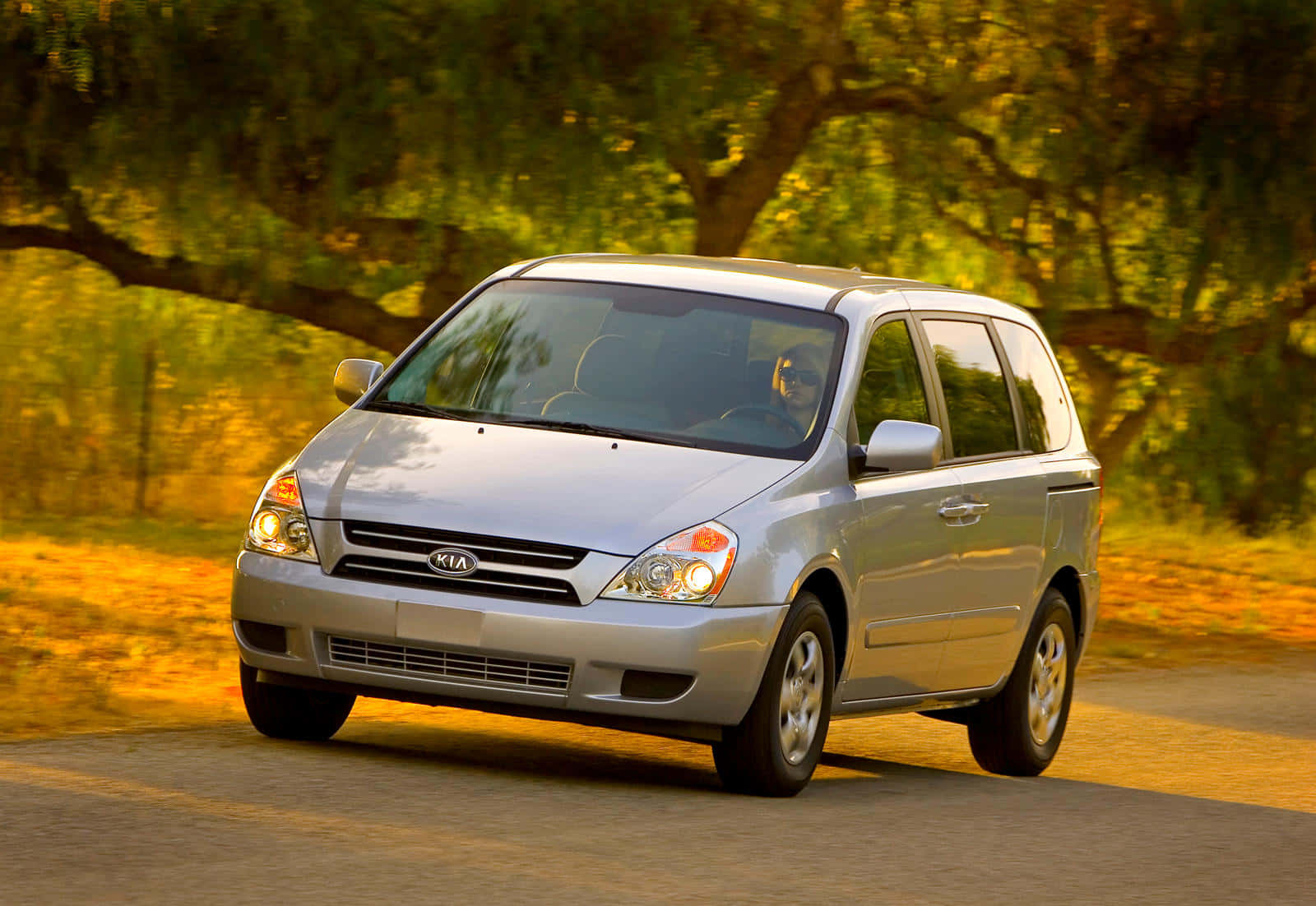 Kia Sedona, silver, tree-lined road, HD Desktop Wallpaper