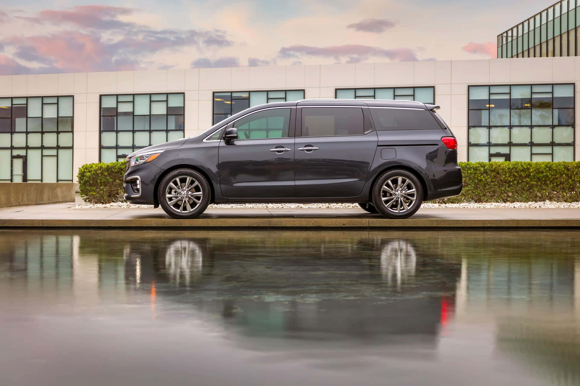 Kia Sedona, dark gray, reflective water feature, Full HD Desktop Wallpaper