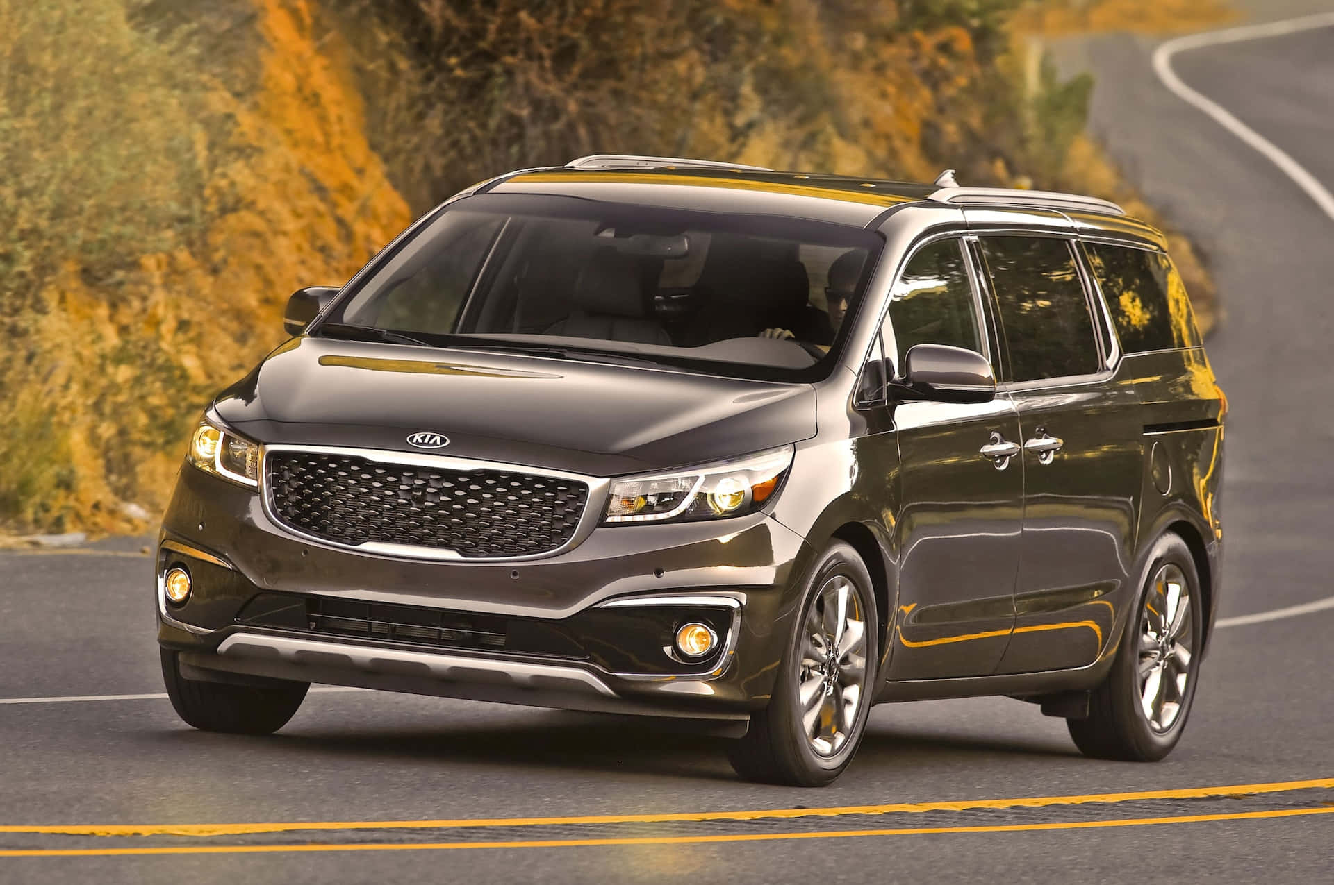Kia Sedona, dark gray, winding mountain road, Full HD Desktop Wallpaper