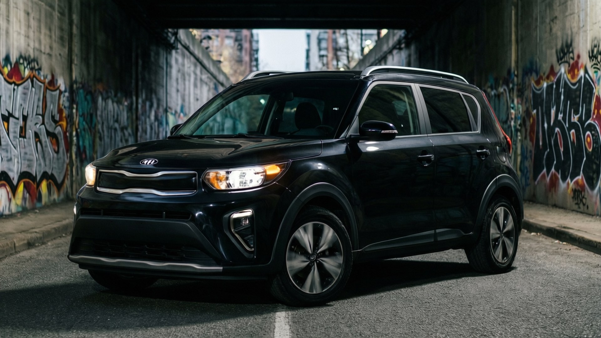 Black Kia Soul, urban edge tunnel, gritty, Full HD Desktop Wallpaper