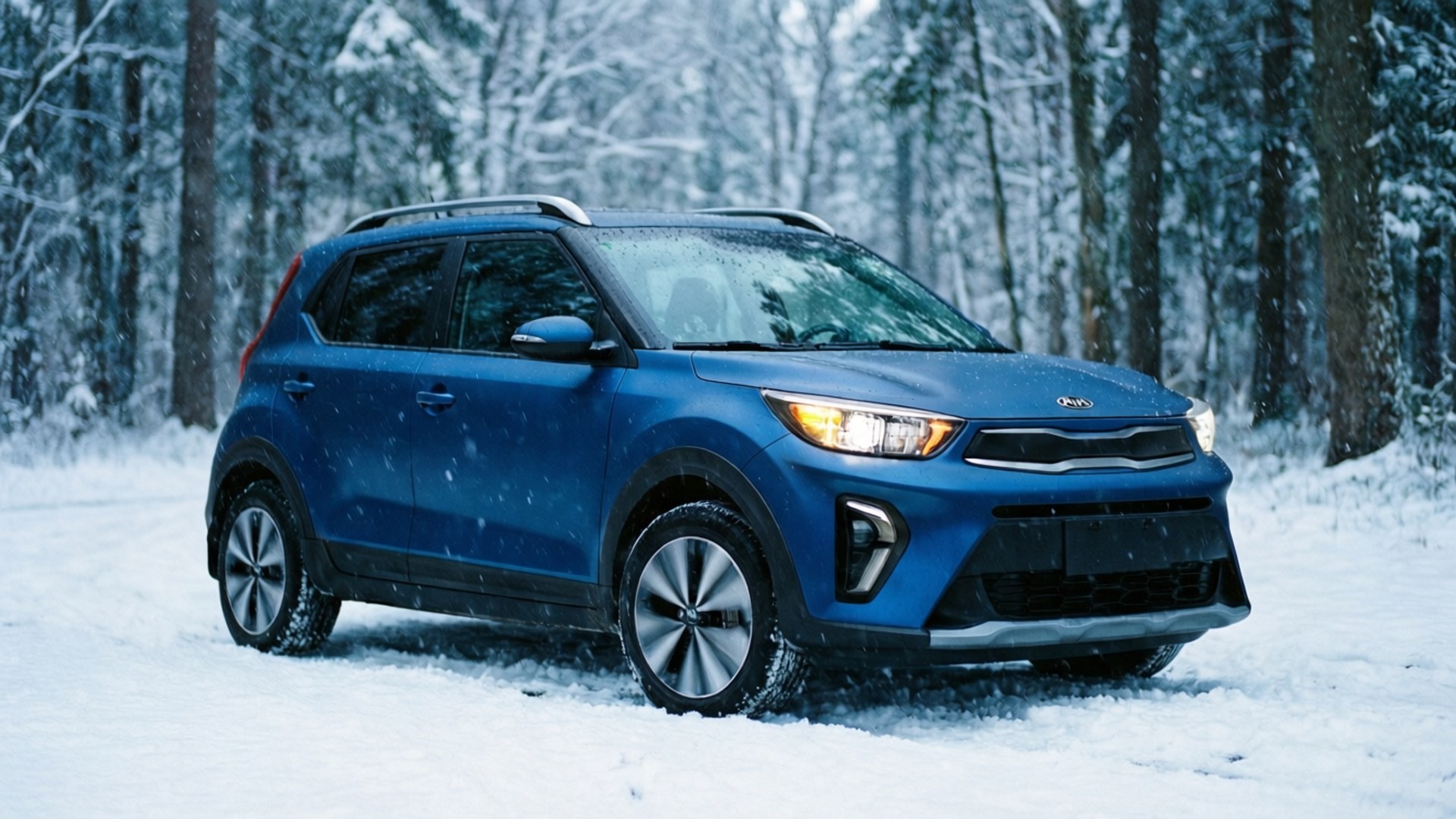 Kia Soul, vibrant blue, snowy forest path, Full HD Desktop Wallpaper