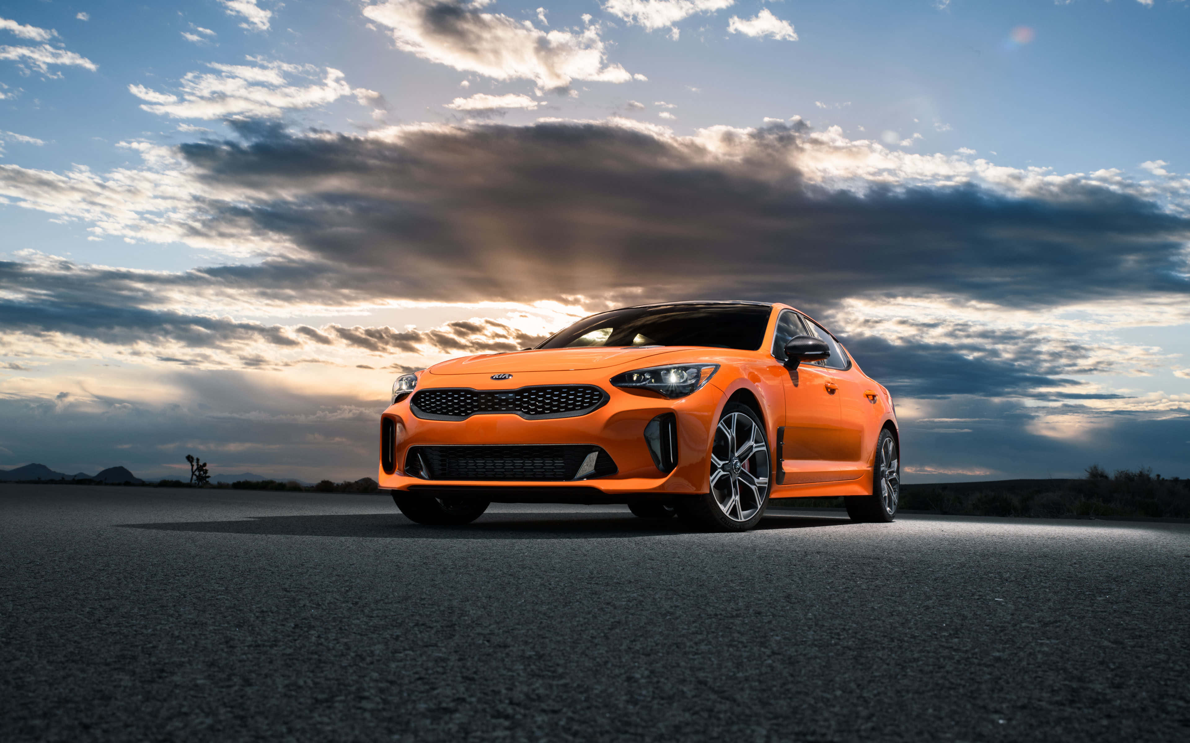 Kia Stinger, orange, sunset, 4K Desktop Wallpaper