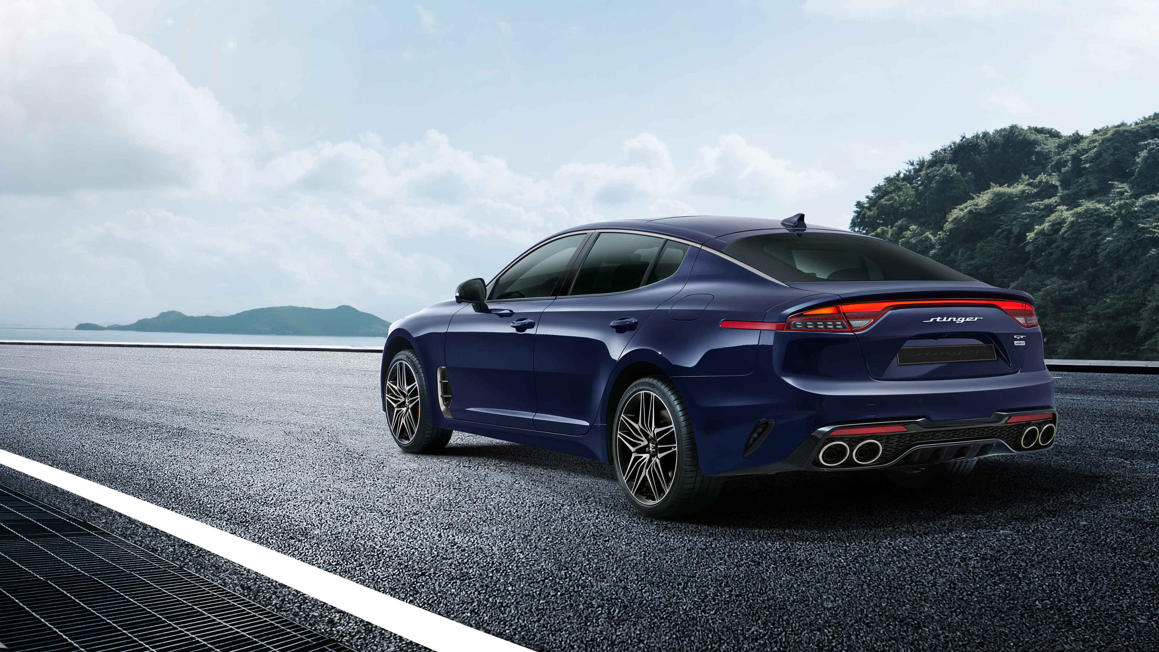 Kia Stinger, blue, quad exhausts, 4K Desktop Wallpaper