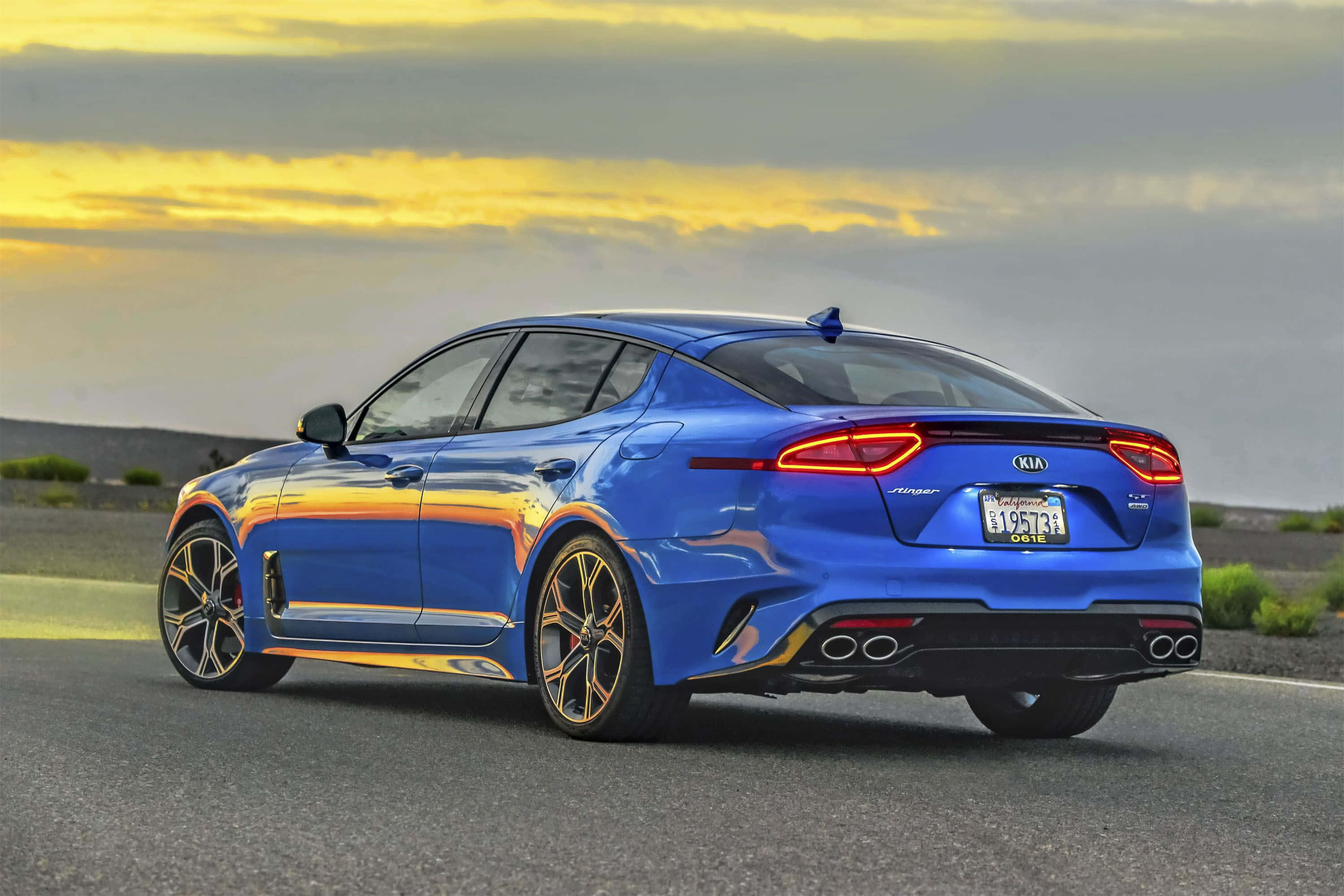 Kia Stinger, vibrant blue, desert road, 2K Desktop Wallpaper