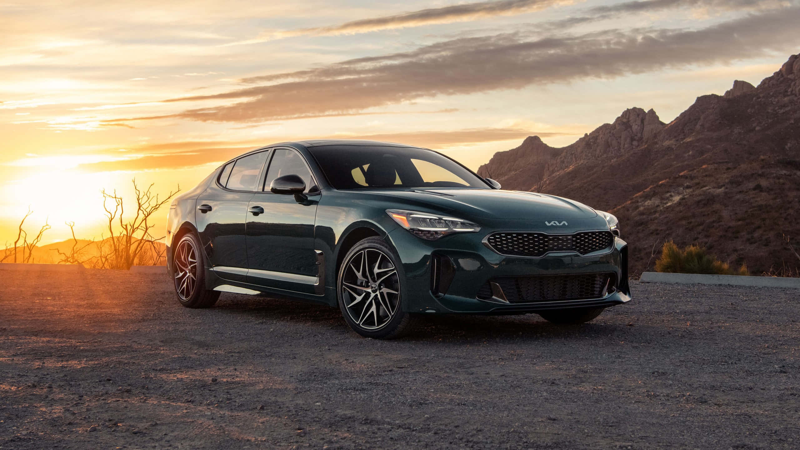 Kia Stinger, dark green, gravel road, 2K Desktop Wallpaper