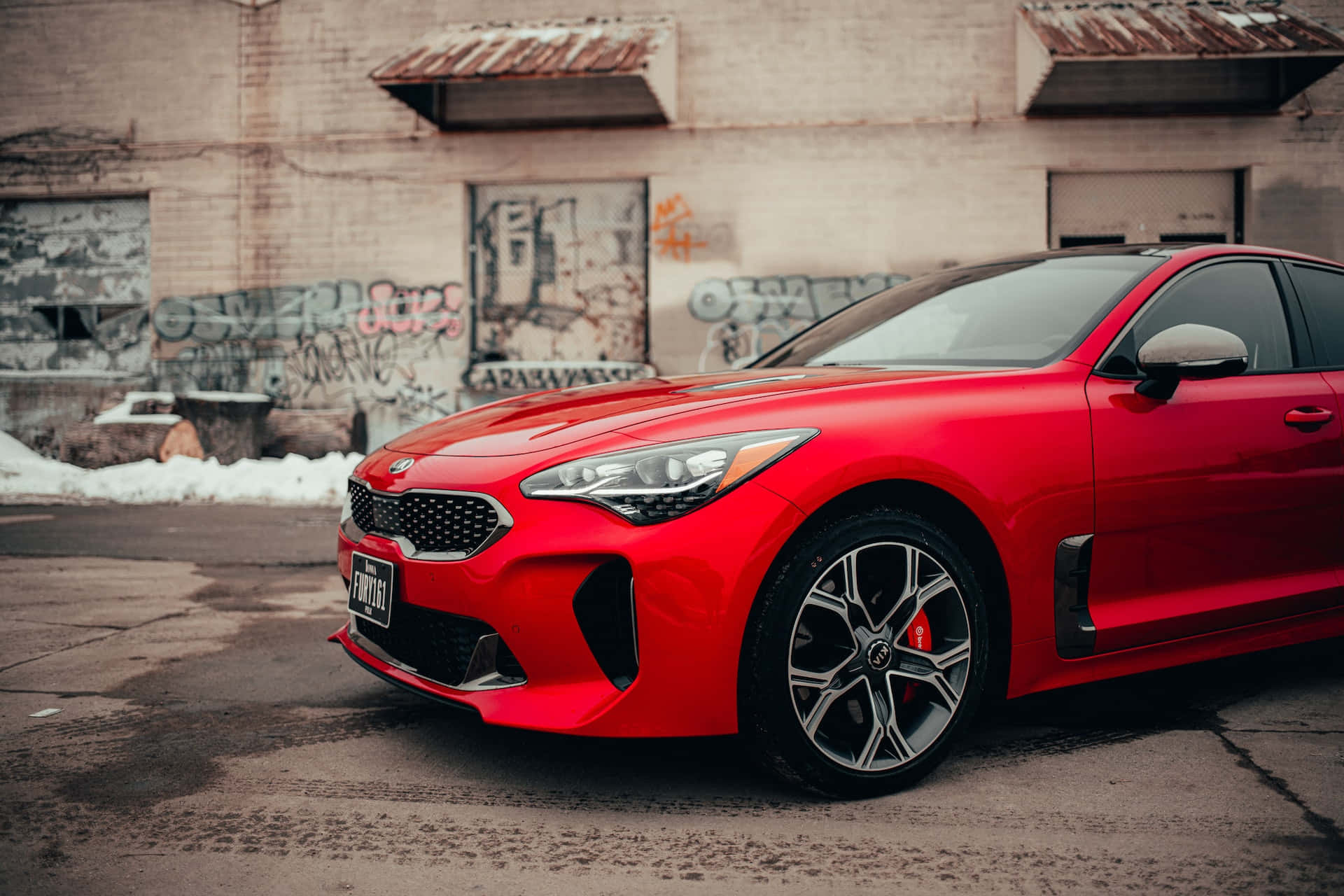 Kia Stinger, vibrant red, graffiti-covered urban wall, Full HD Desktop Wallpaper
