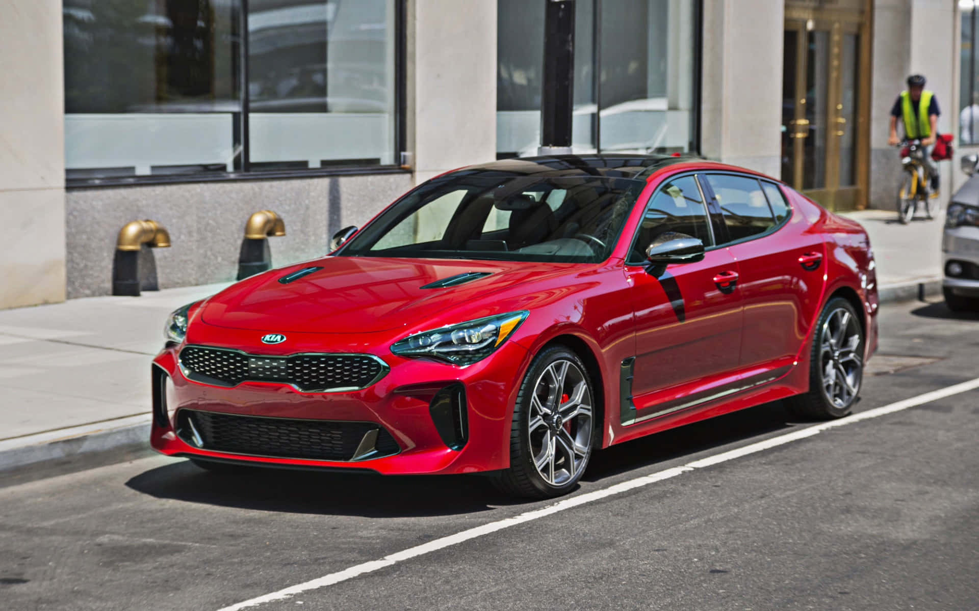 Kia Stinger, glossy red, city street, Full HD Desktop Wallpaper