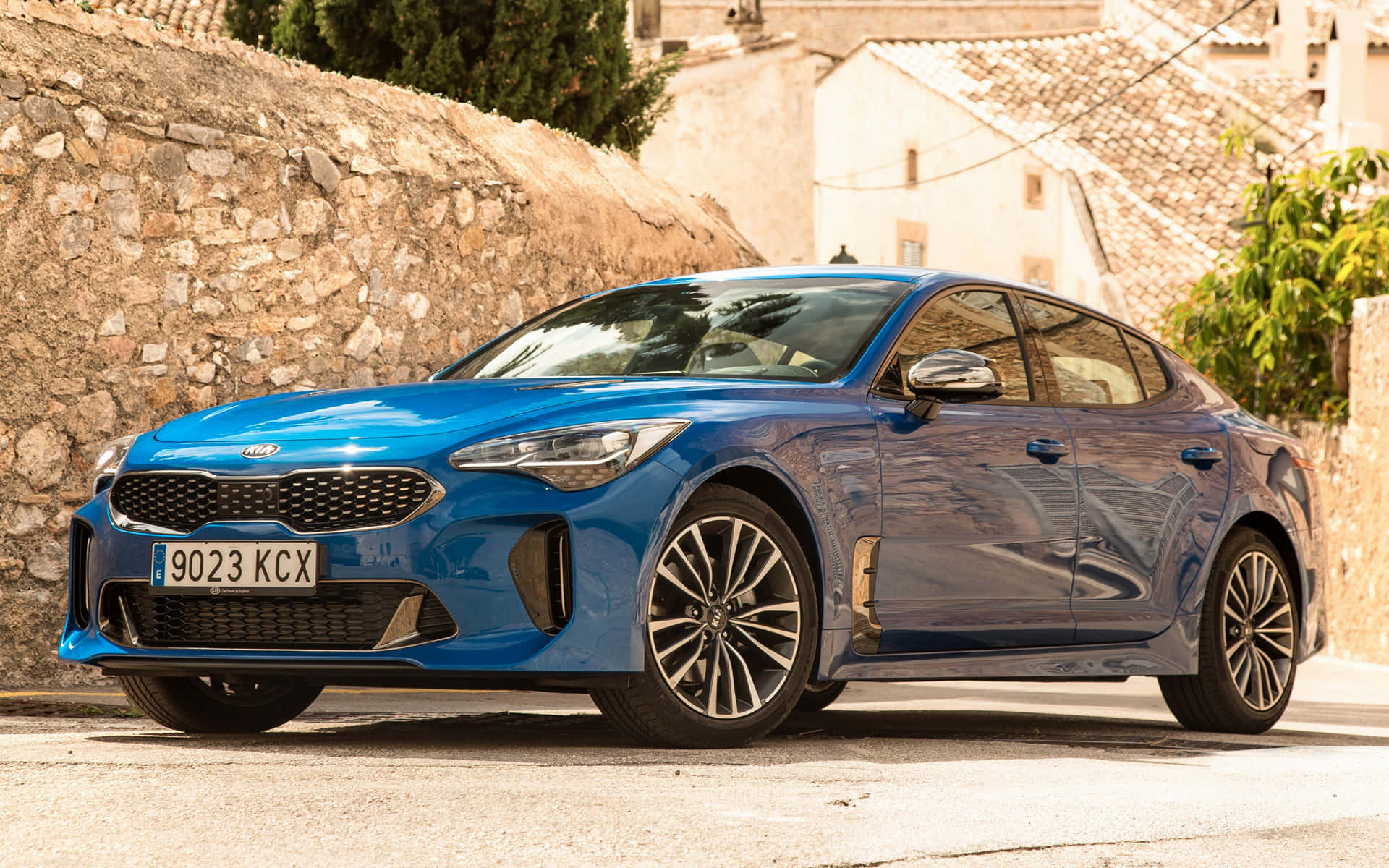Kia Stinger, vibrant blue, bright sunlight, Full HD Desktop Wallpaper