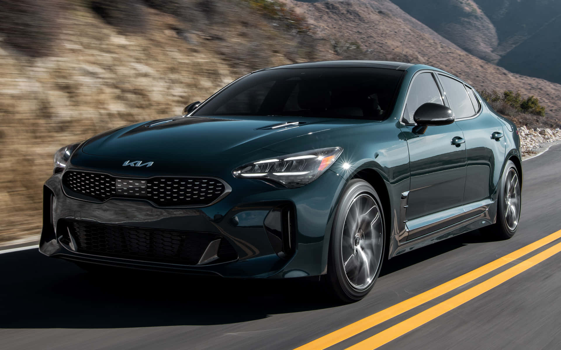 Kia Stinger, dark green, winding mountain road, Full HD Desktop Wallpaper