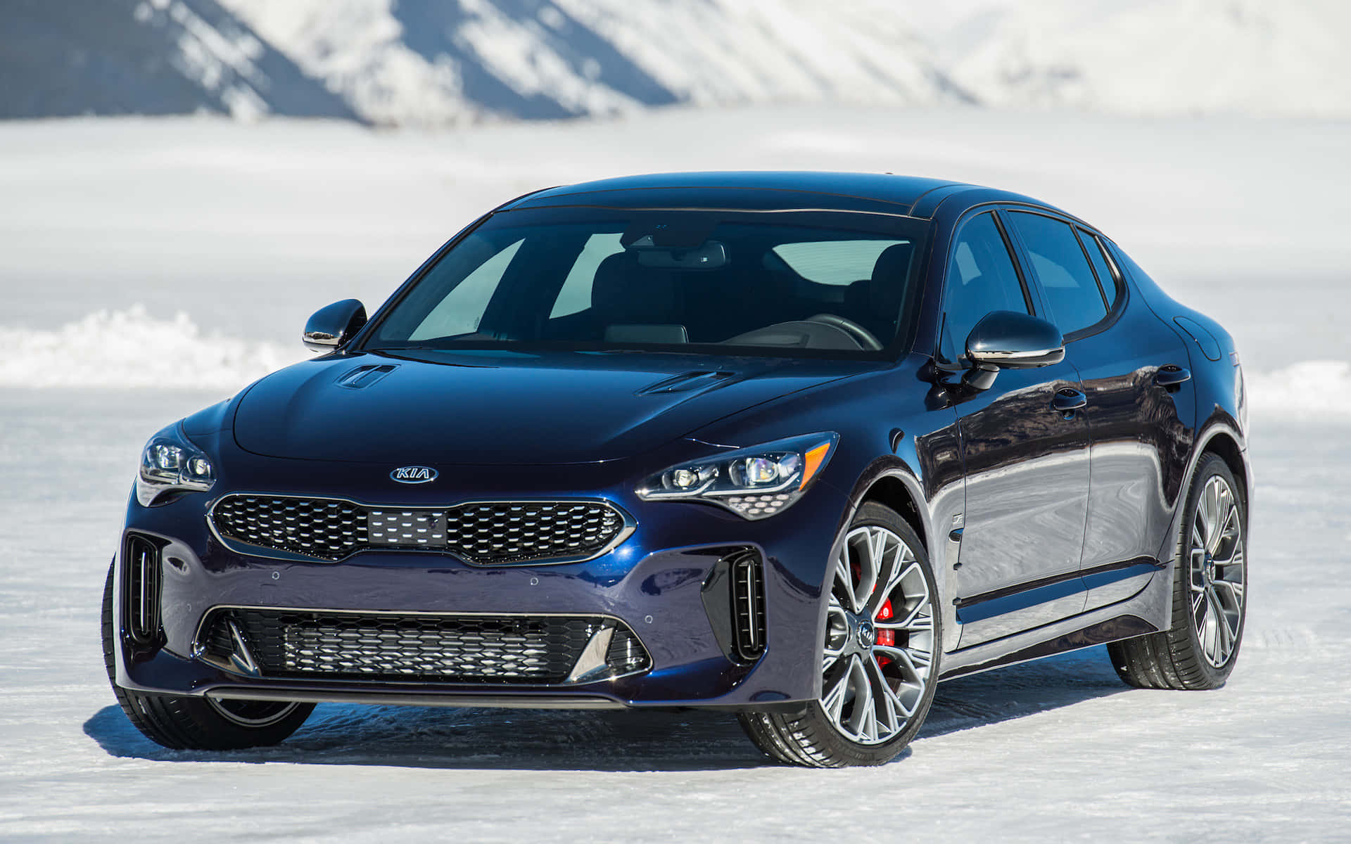 Kia Stinger, dark blue, snowy field, Full HD Desktop Wallpaper