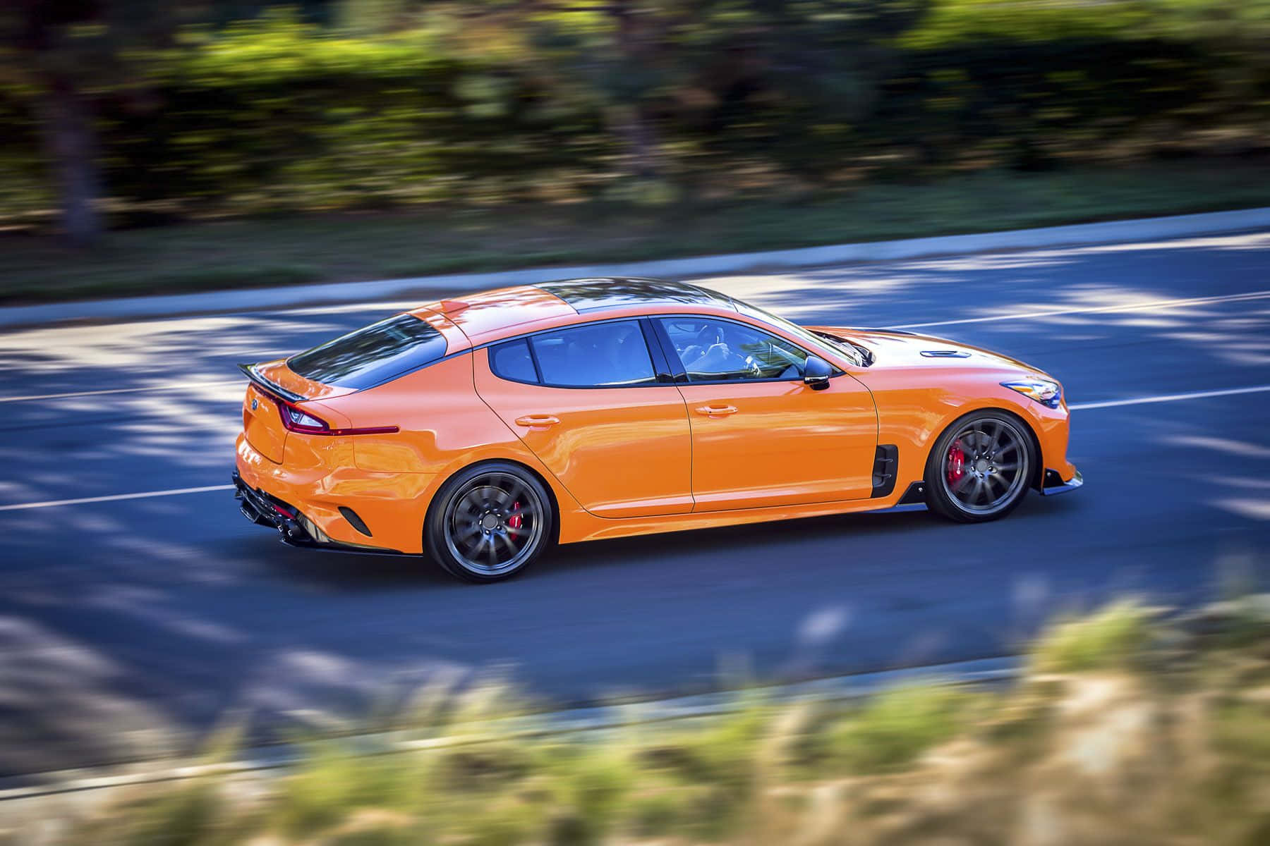 Kia Stinger, vibrant orange, sunlit road, HD Desktop Wallpaper