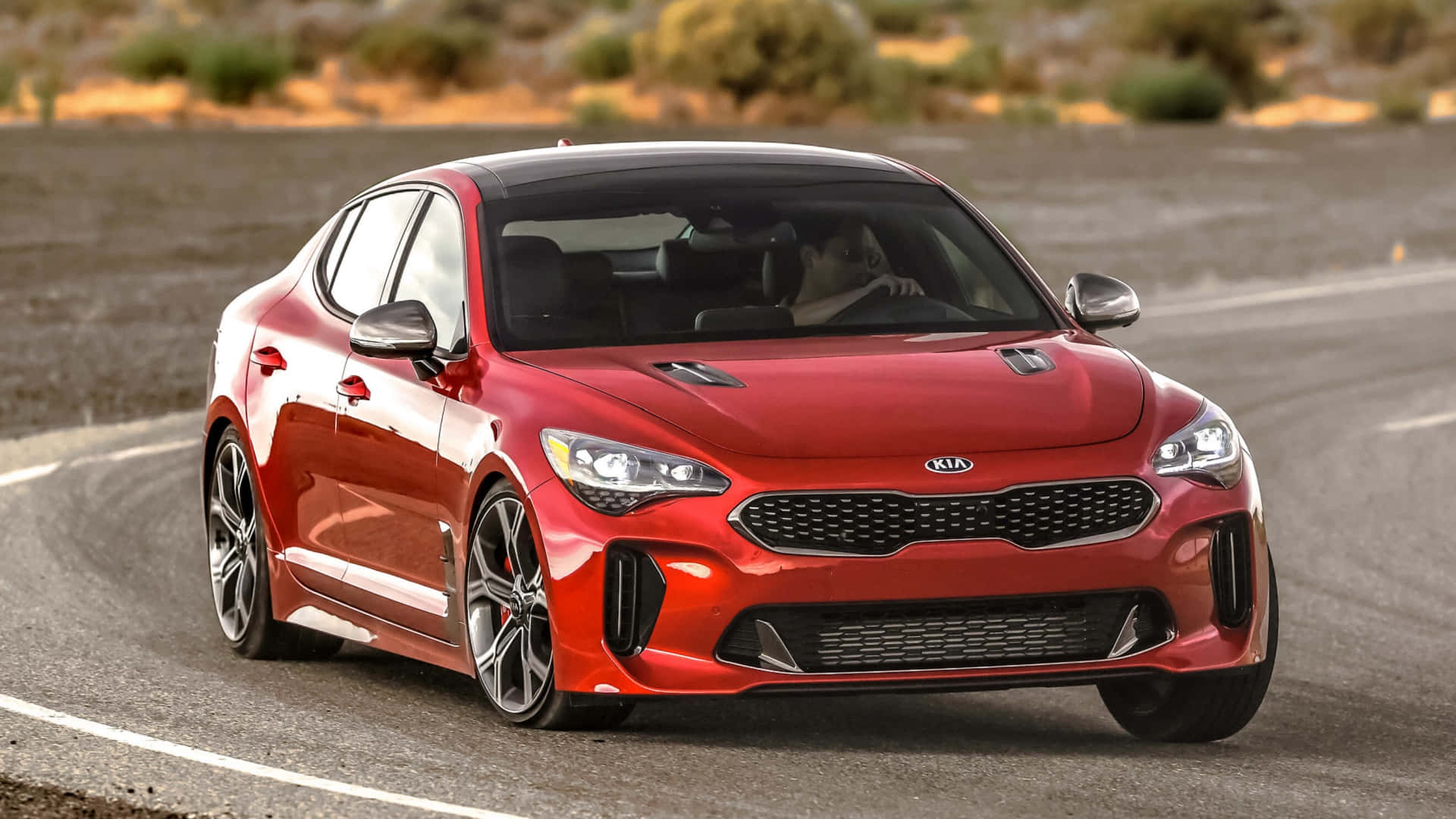 Kia Stinger, glossy red, desert road, Full HD Desktop Wallpaper