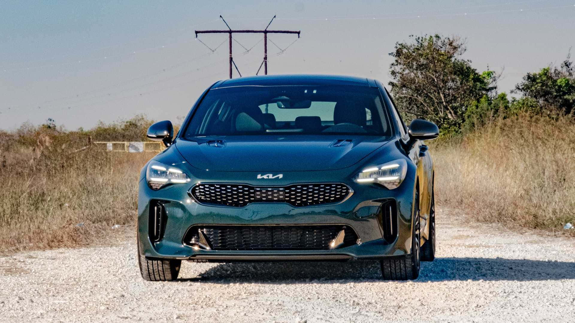 Kia Stinger, dark green, gravel road, Full HD Desktop Wallpaper