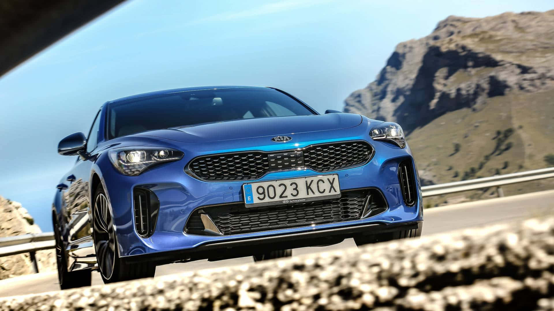 Kia Stinger, blue, mountain road, Full HD Desktop Wallpaper