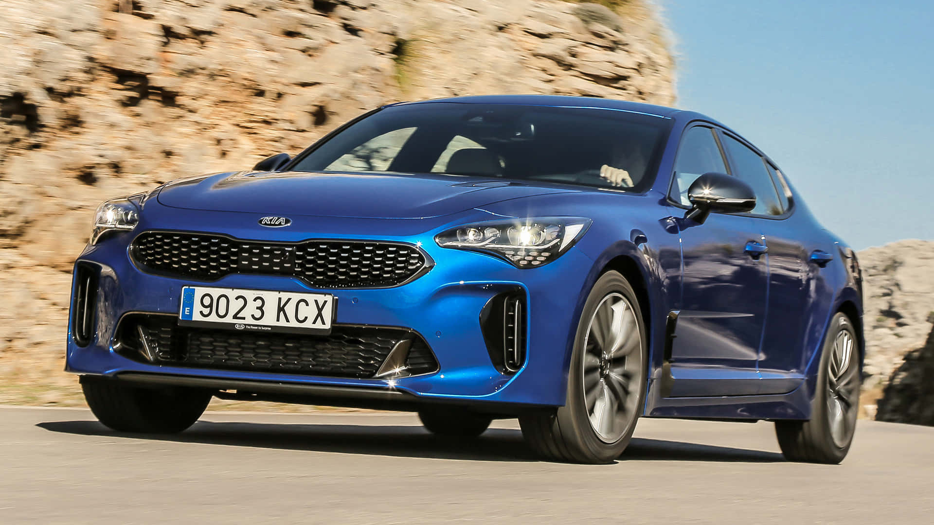 Kia Stinger, vibrant blue, sunlit mountain road, Full HD Desktop Wallpaper