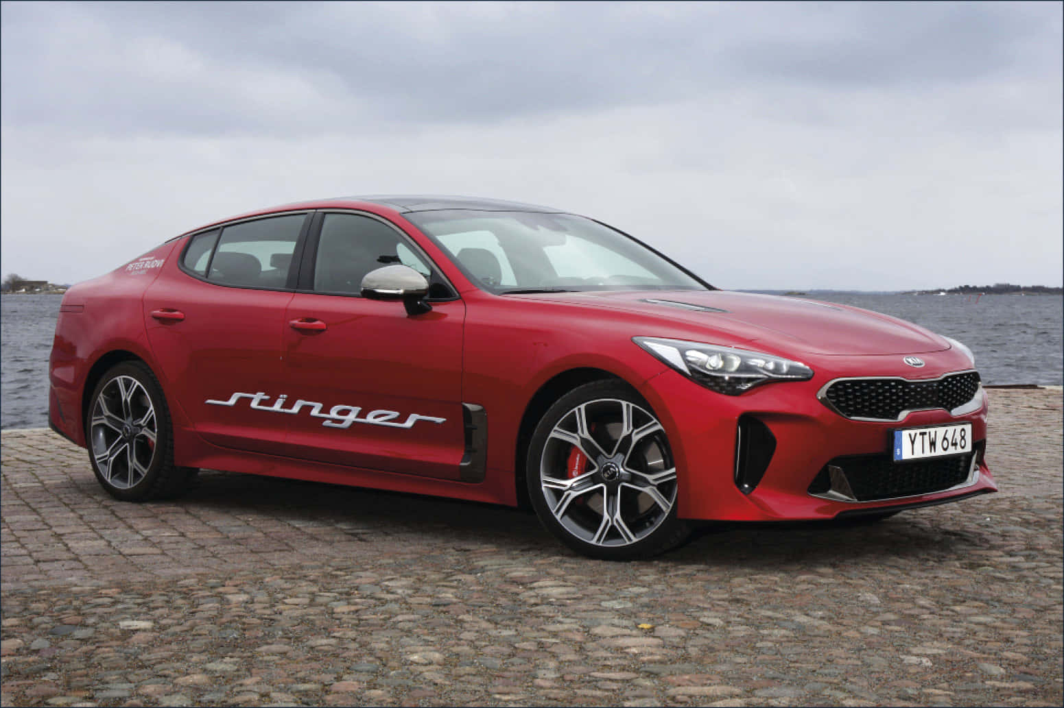 Kia Stinger, vibrant red, cobblestone pier, HD Desktop Wallpaper