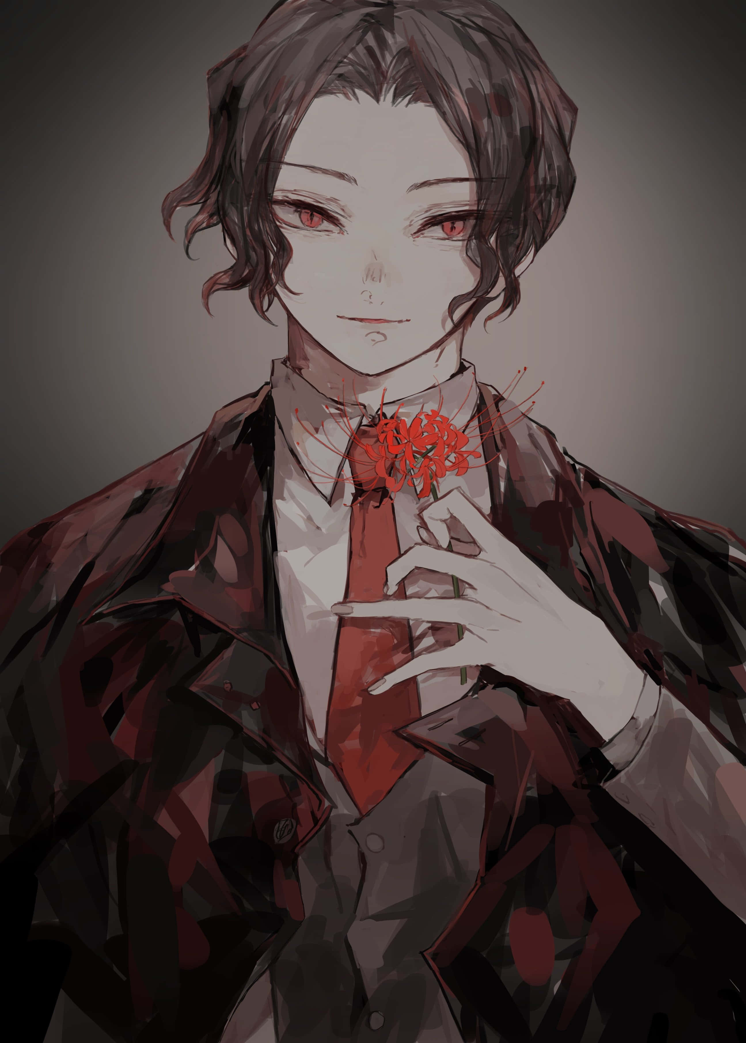 Kibutsuji Muzan, red flower, dark-haired, 2K Phone Wallpaper