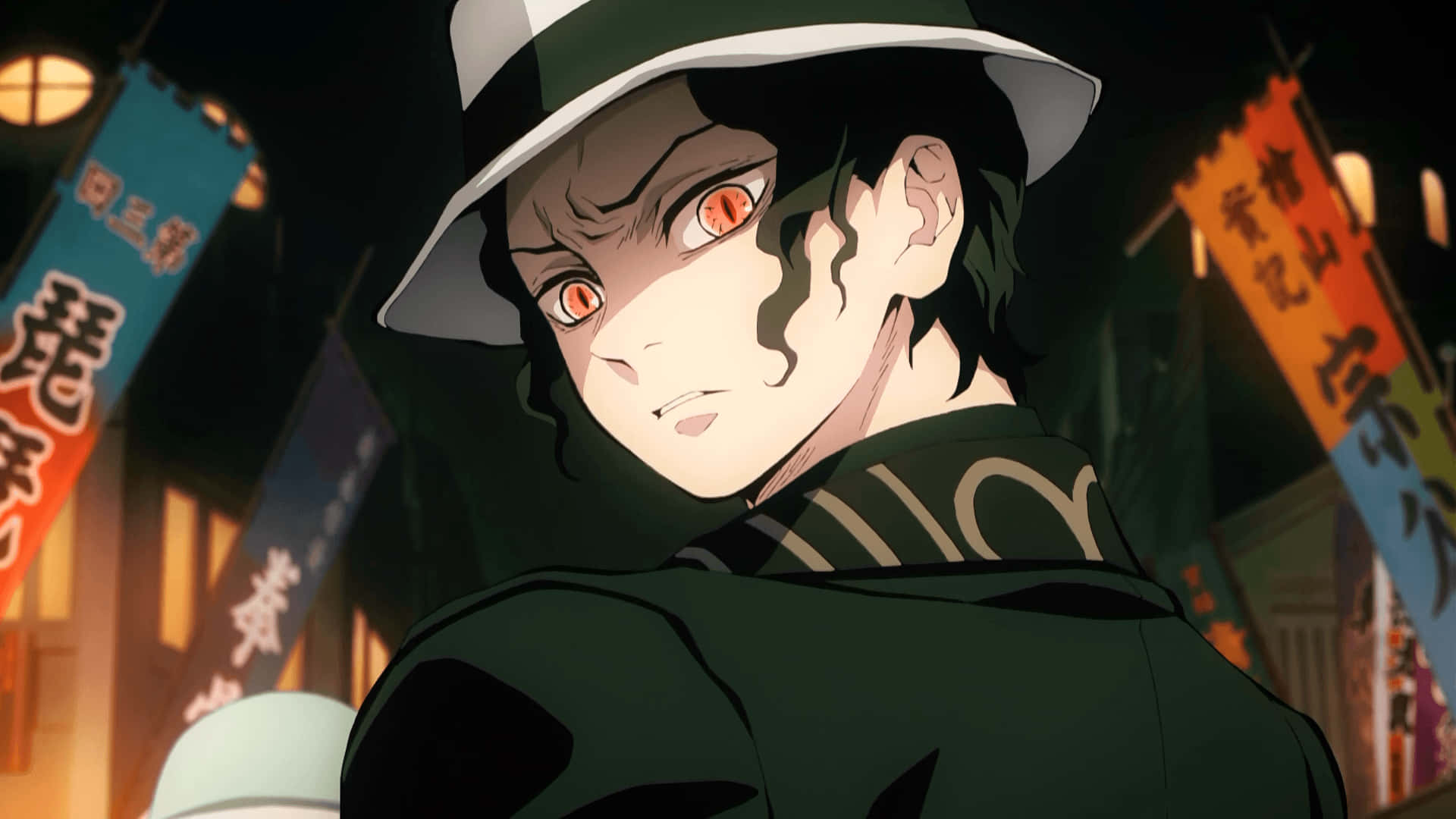 Kibutsuji Muzan, glowing orange eyes, white hat, Full HD Desktop Wallpaper