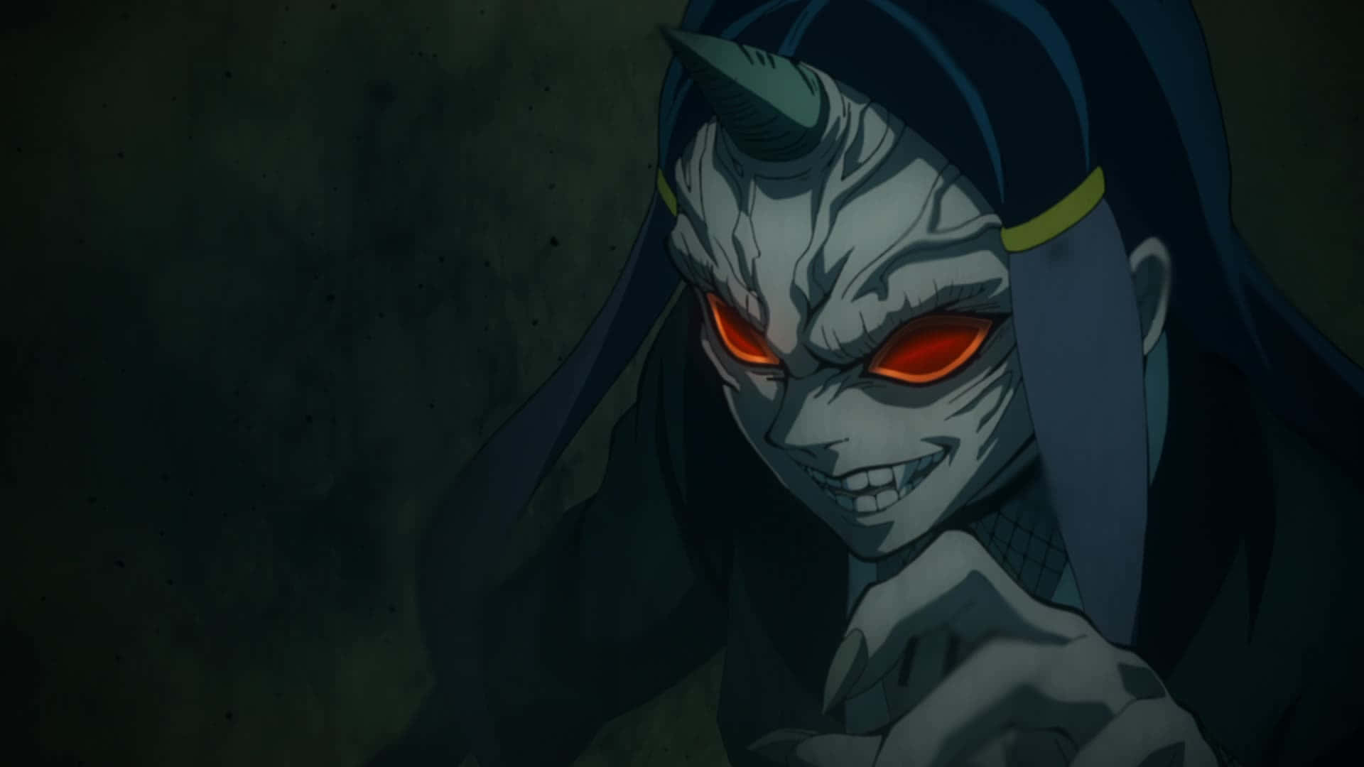 Kibutsuji Muzan, glowing red eyes, horned skull face, Full HD Desktop Wallpaper