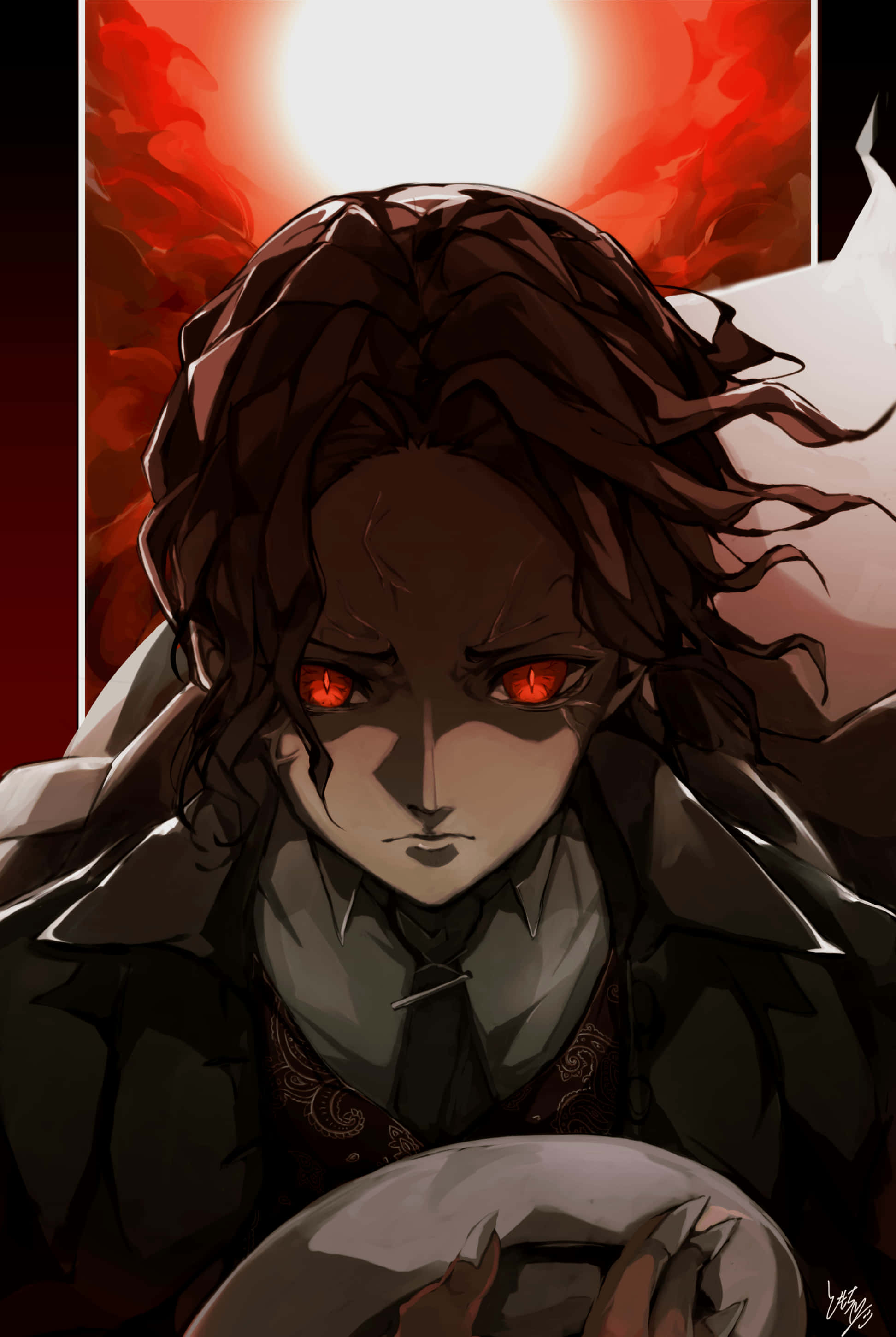 Kibutsuji Muzan, dark-haired, glowing red eyes, 2K Phone Wallpaper